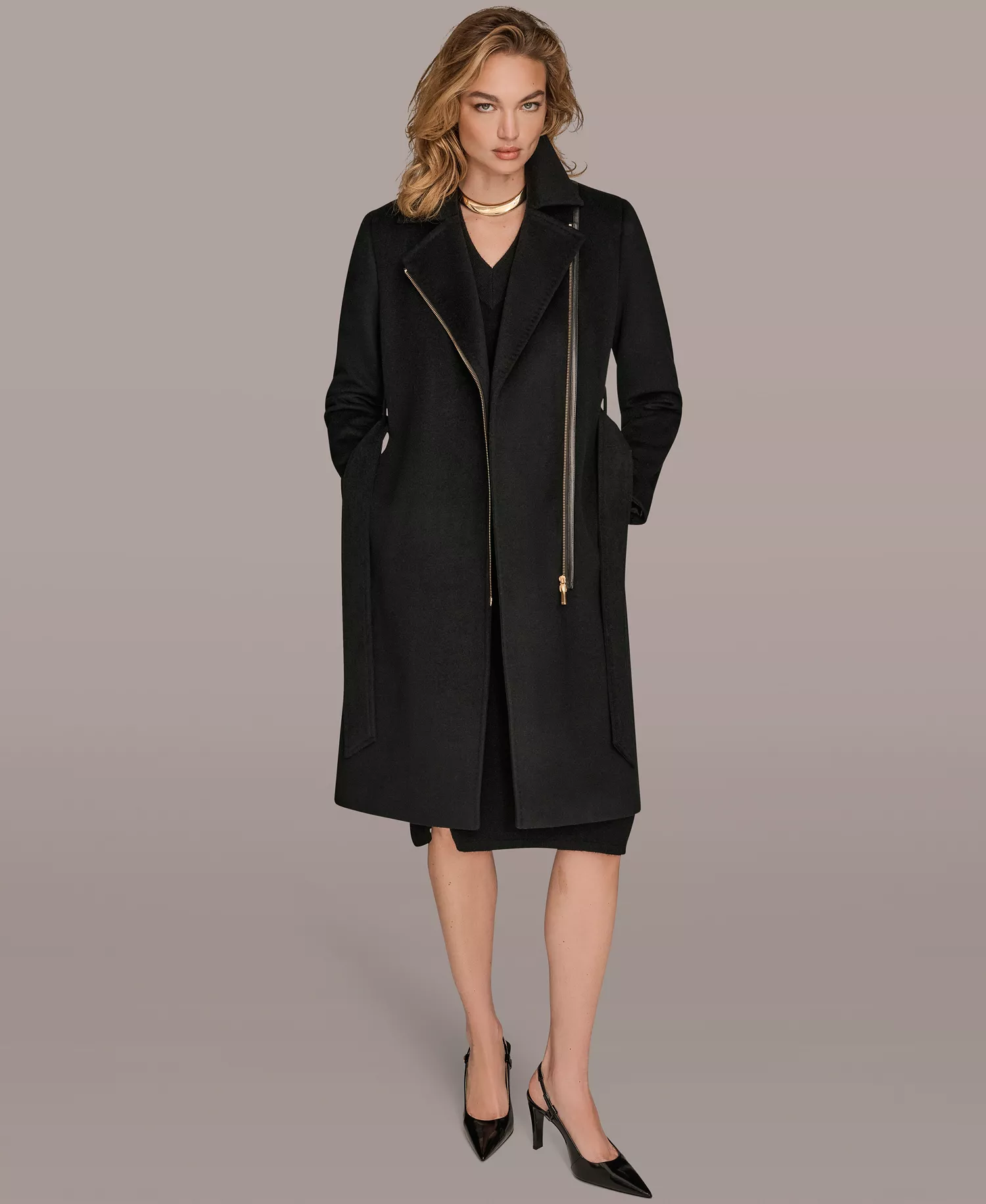 Women's Notch Collared Belted Coat - Black - L