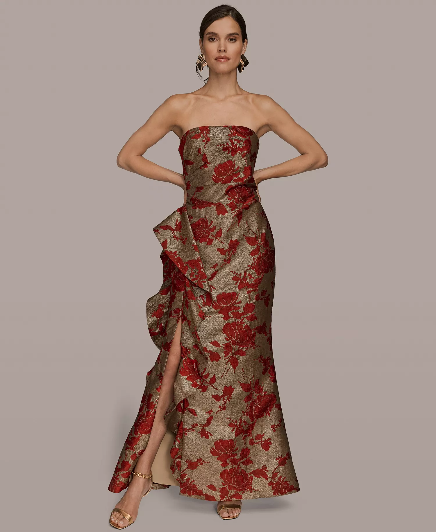 Women's Strapless Floral Gathered Ruffled Gown with Split Hem Dress - Gold/Autumn Red - 10