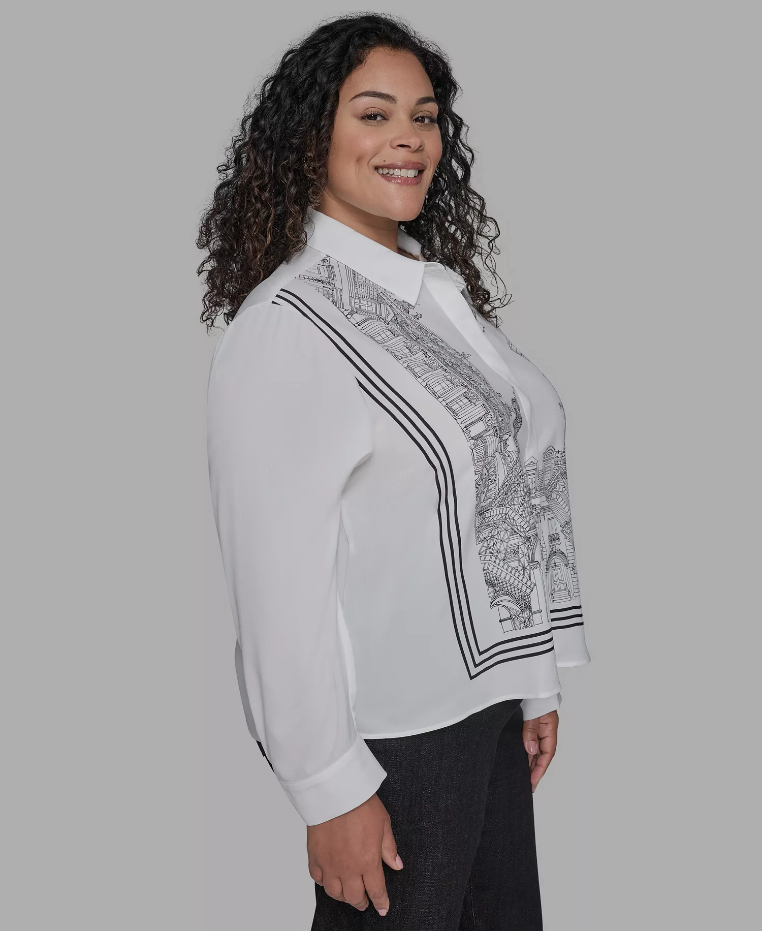 Plus Size Paris-Print Button-Front Blouse - Soft White - 1X
