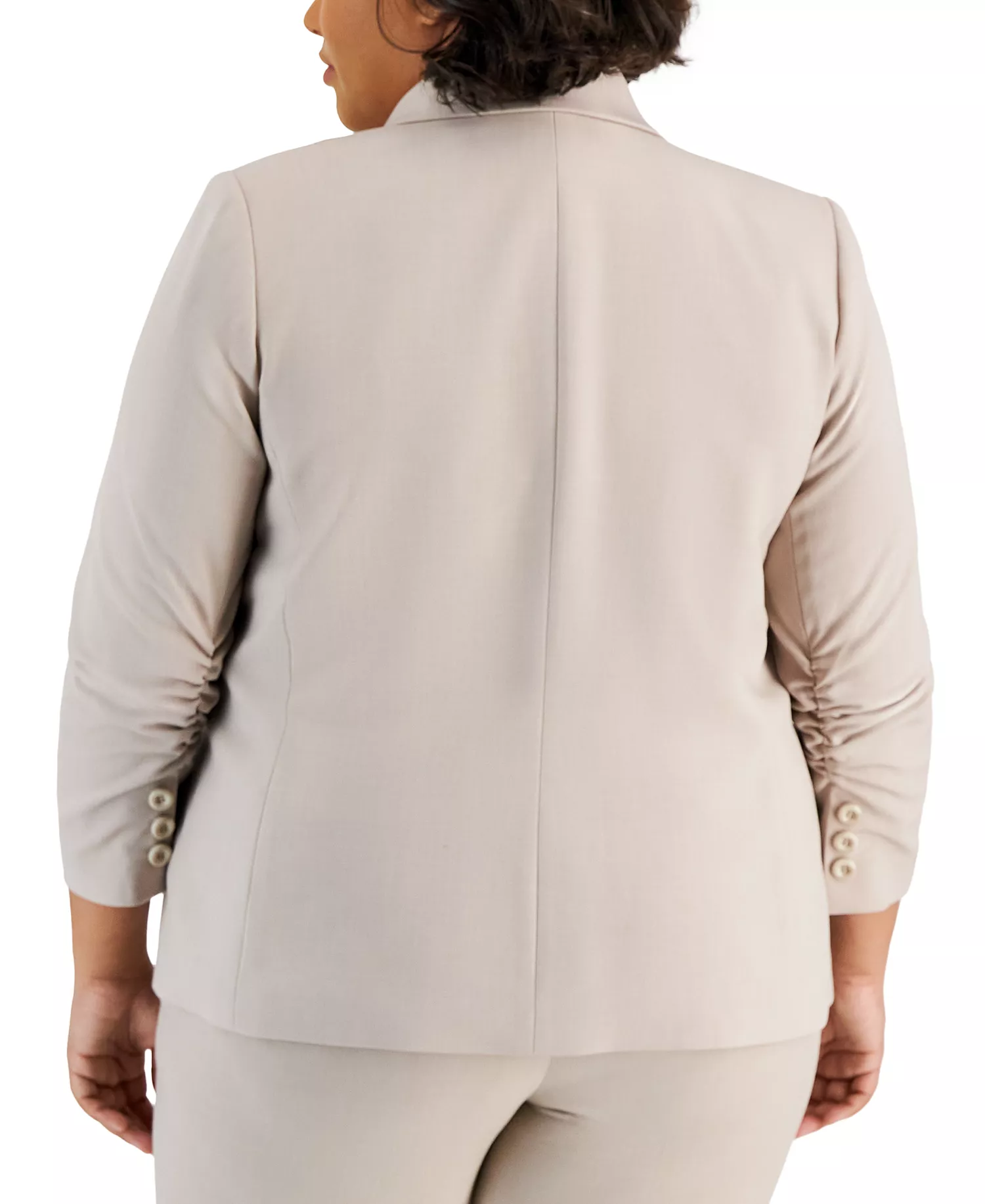 Plus Size Notched Collar Ruched-Sleeve Blazer - Sand - 14W