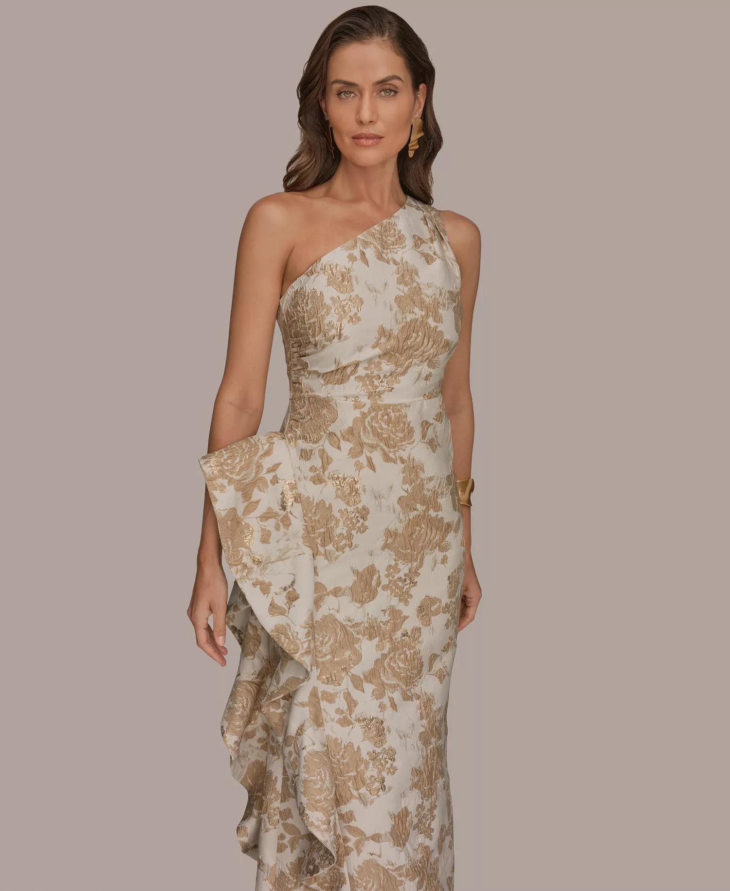 Women's One Shoulder Side Ruffle Gown - Gold Multi - 10