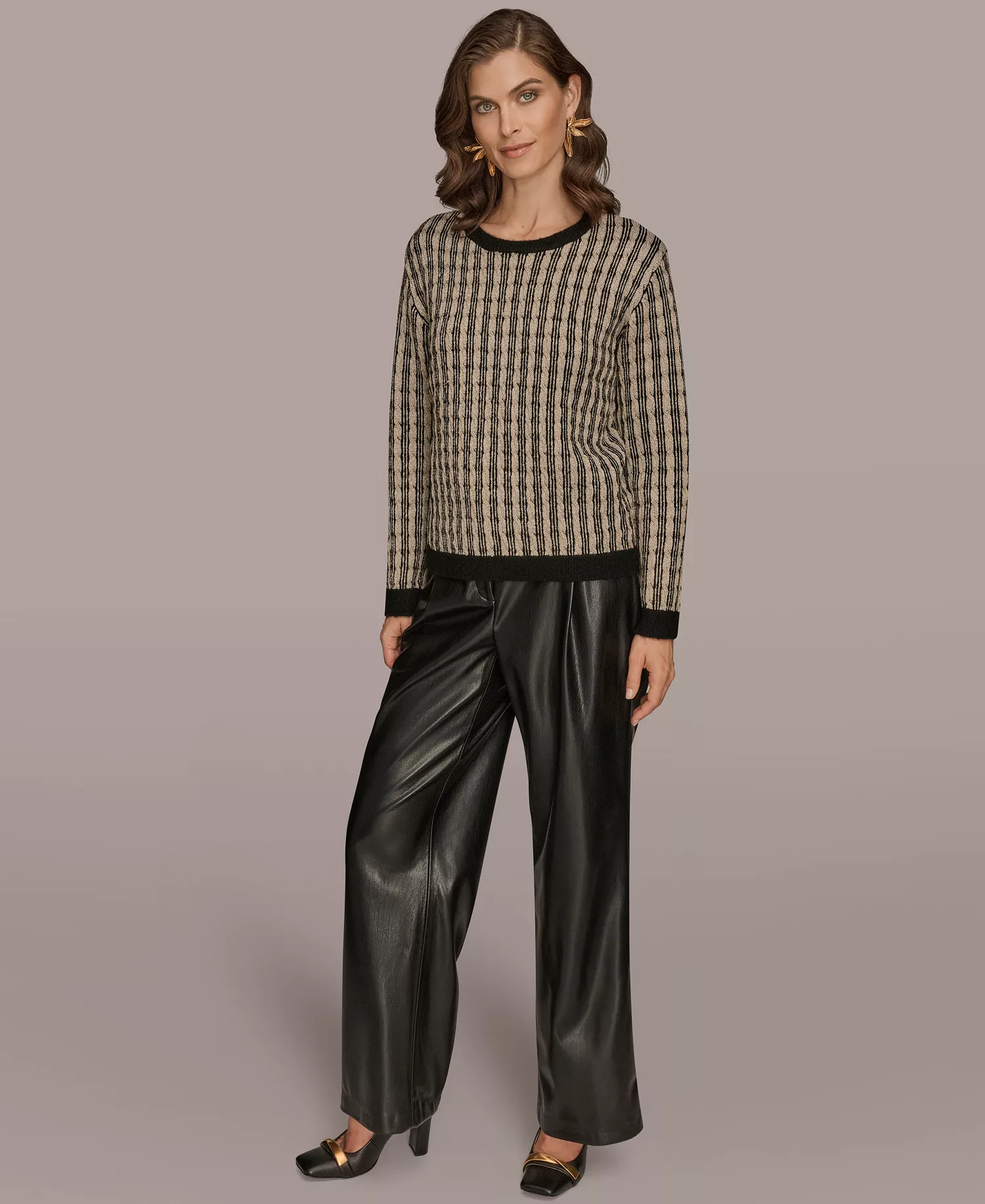 Women's Long Sleeve Two-Tone Sweater - Black/Gold - L