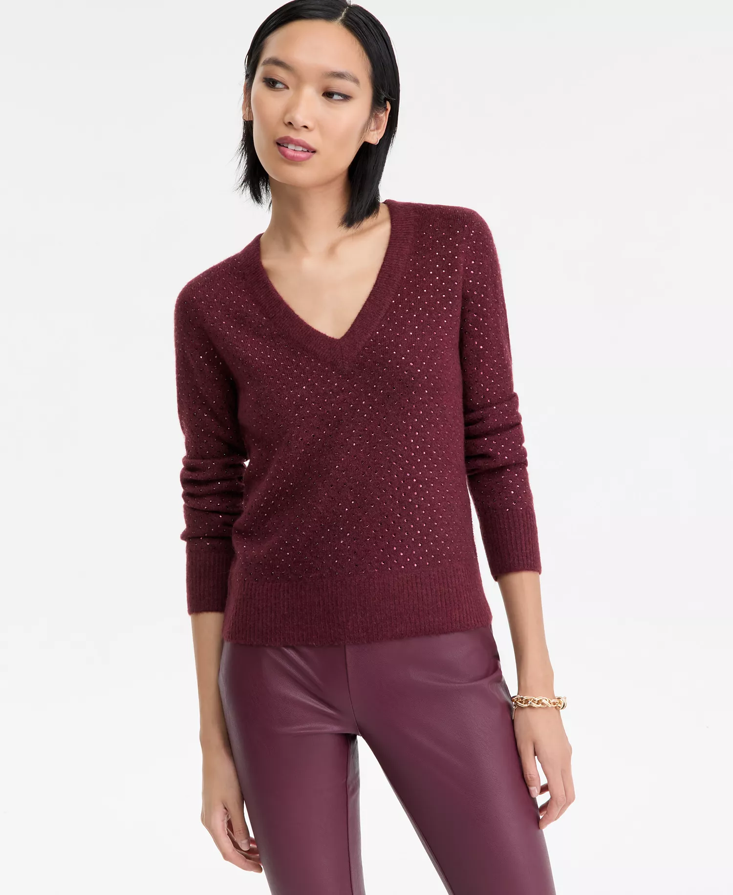 Women's Rhinestone Embellished Sweater, Macy's Exclusive - Maroon Combo - L