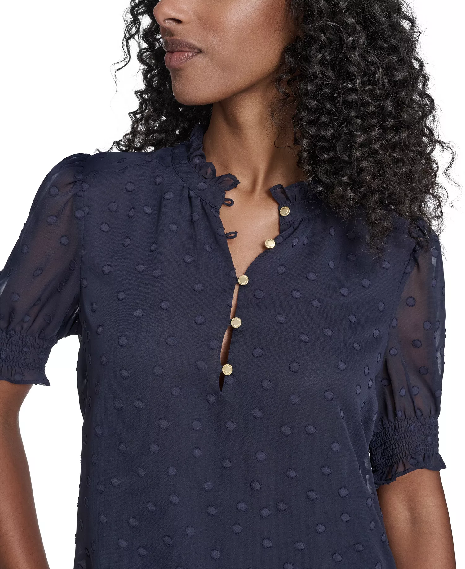 Women's Floral Clip Mock Neck Short Sleeve Blouse - Midnight - L