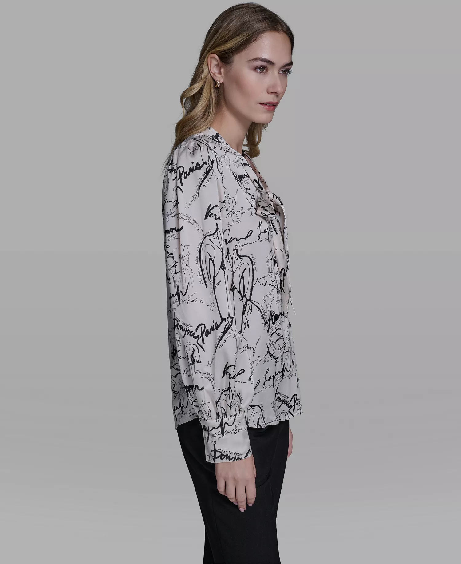 Women's Printed Tie-Neck Long-Sleeve Top - Bisque/Black - L