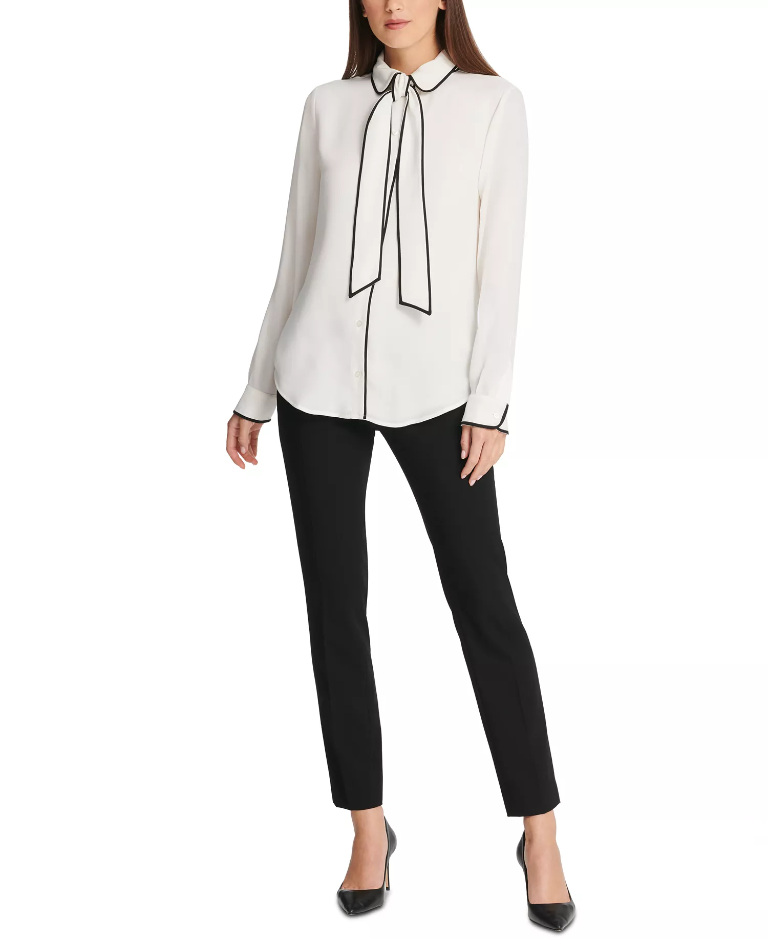 Petite Piped-Trim Button-Up Blouse, Created for Macy's - Linen White/Black - PL