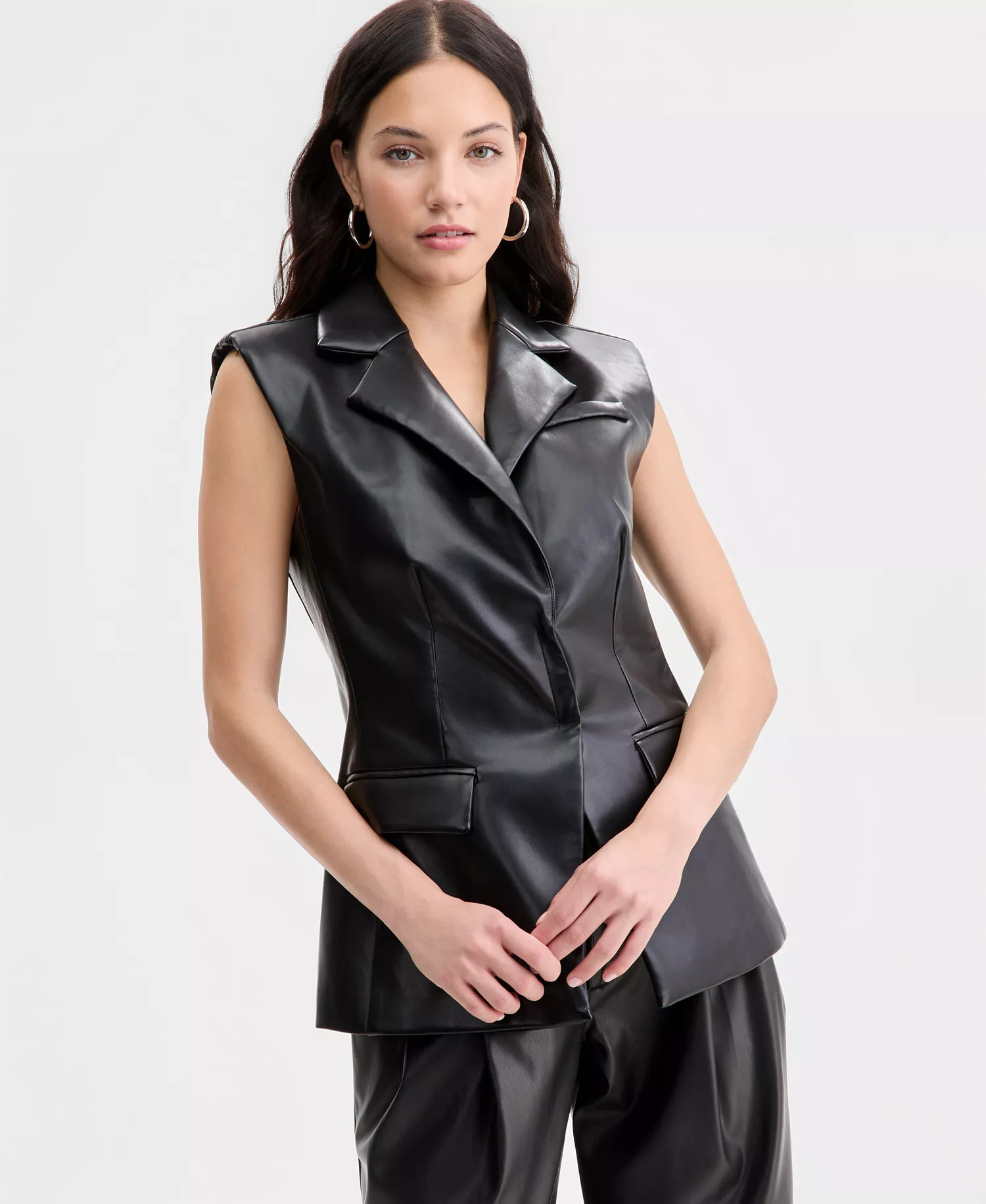 Women's Sleeveless Structured Vest, Macy's Exclusive - Black Faux Leather - L