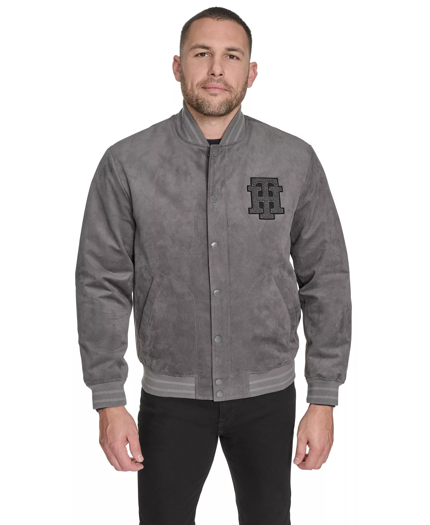 Men's Faux Suede Varsity Bomber with Patches - Gray - 2XL