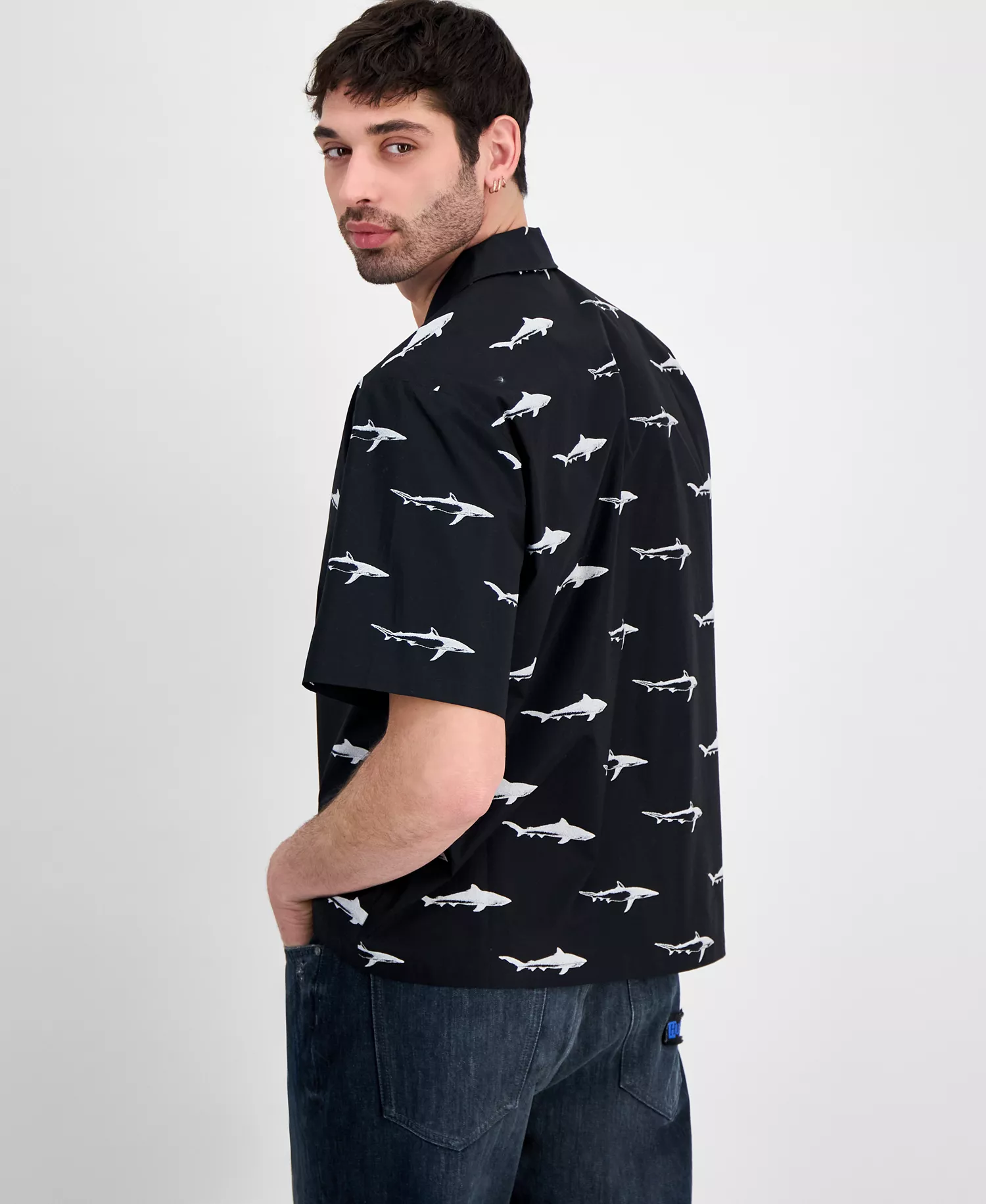 HUGO by Men's Eligino Shark Print Short-Sleeve Shirt - Black - 2XL