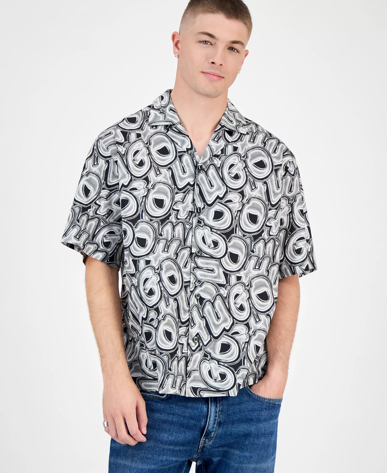 Men's Eligino Short-Sleeve Logo Print Button-Front Camp Shirt - Navy - 2XL