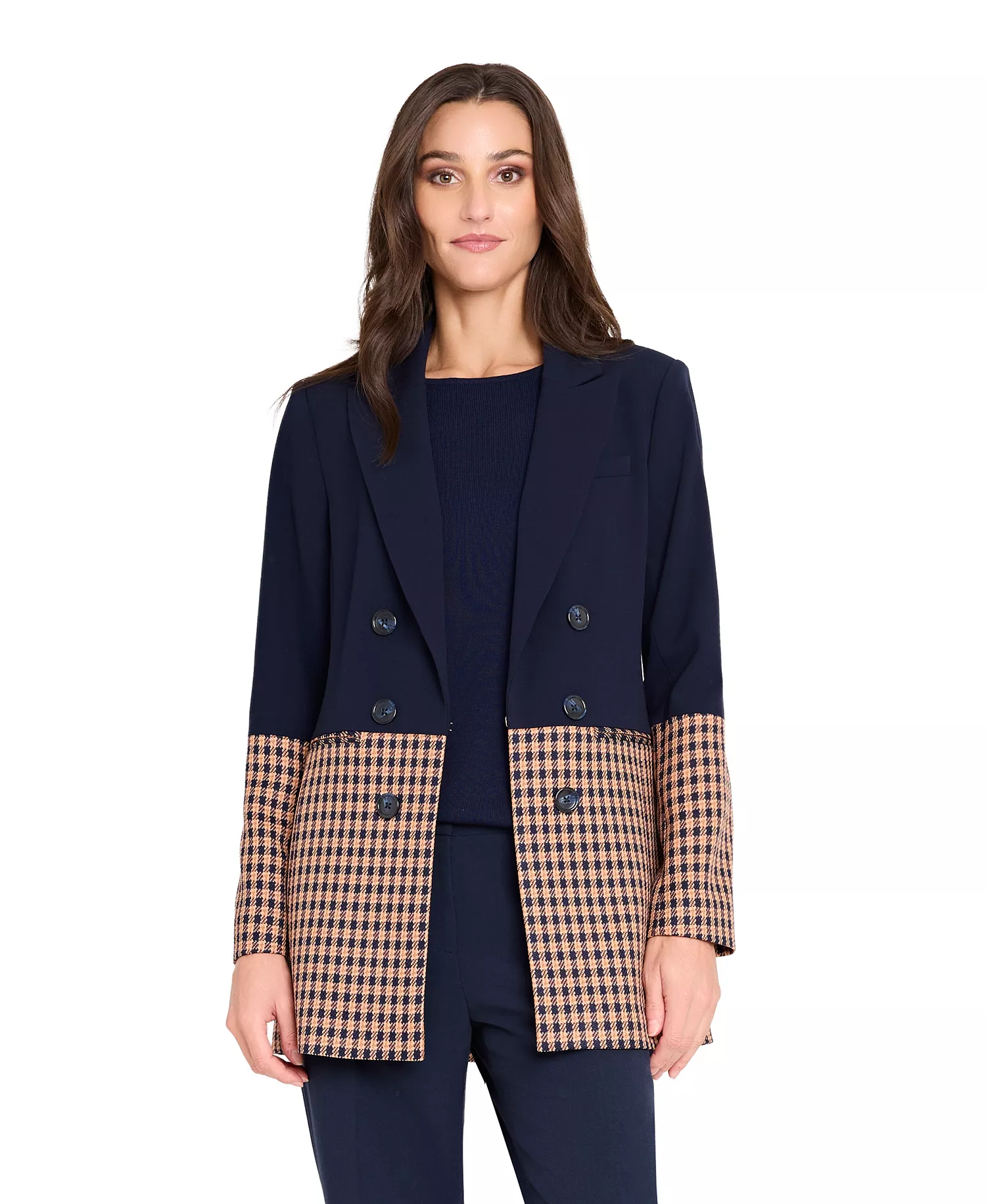 Petite Houndstooth Color Block Jacket - Navy/ginger - 10P