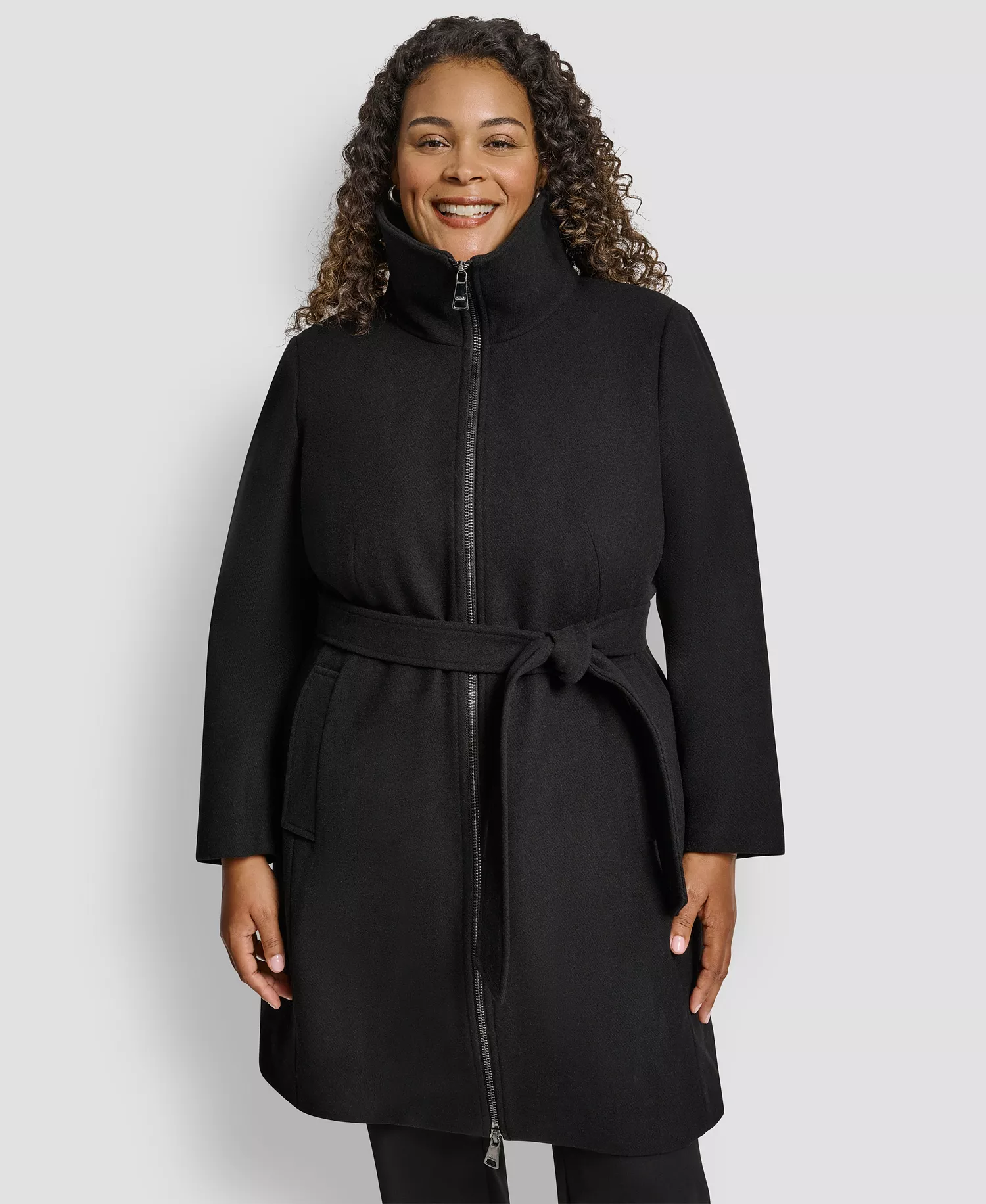 Plus Size Belted Zip-Up Wool Coat - Black - 0X