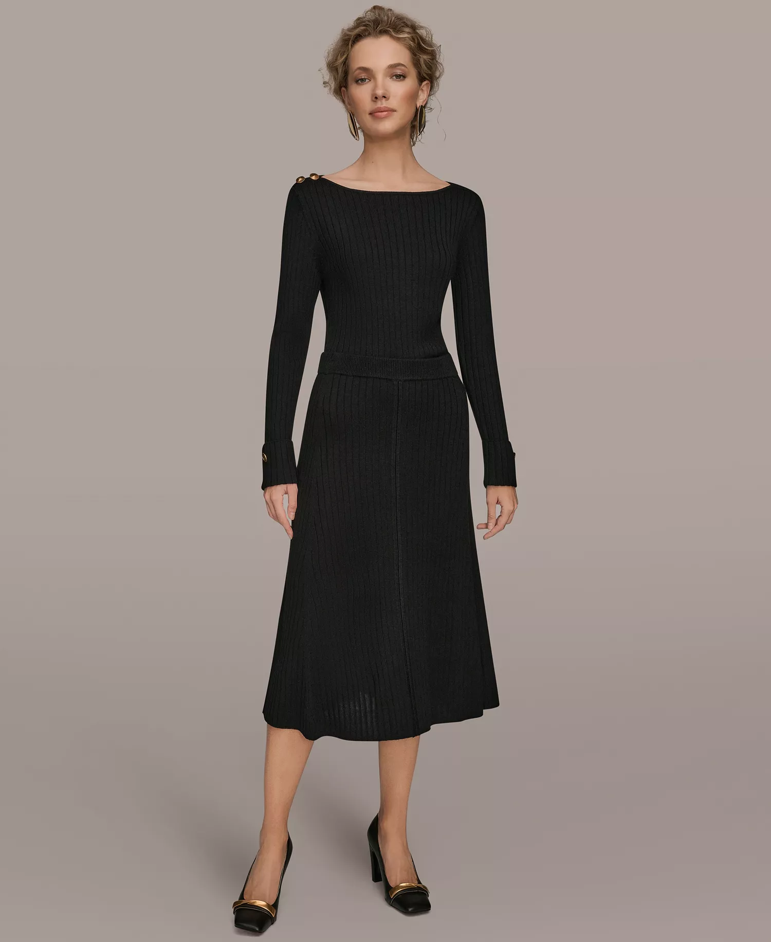 Women's Rib Knit Sweater Skirt - Black - L