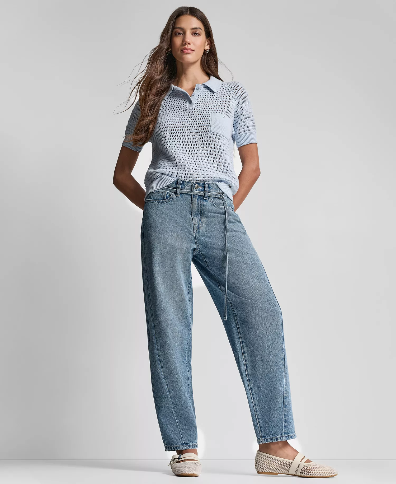 Women's Short-Sleeve Polo Collar Faux Crochet Stitch Sweater - Frost Blue - L