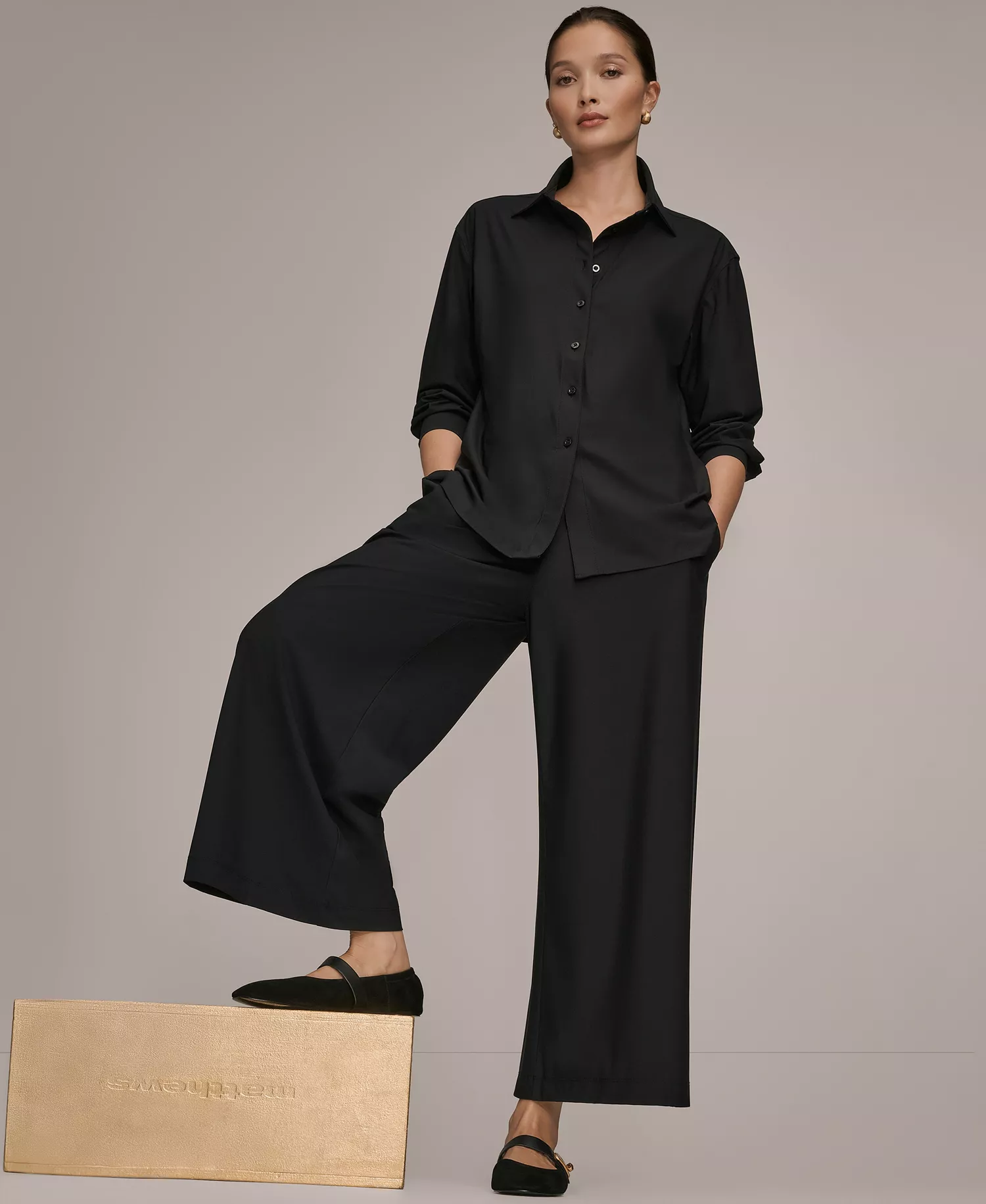 Women's Tricot Knit Long Sleeve Button-Down Shirt - Black - L