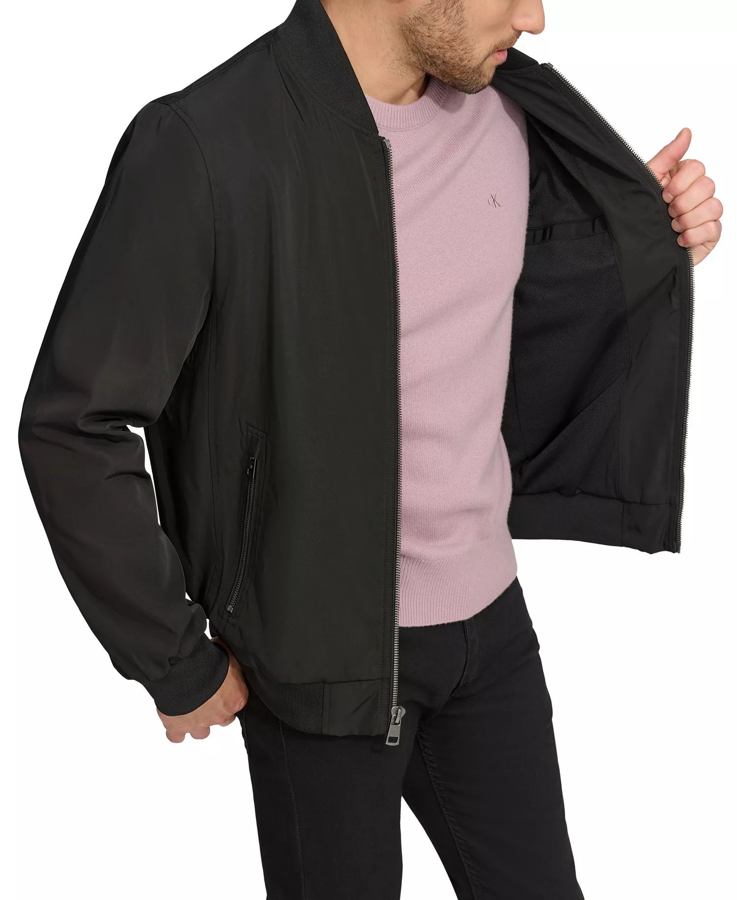 Men's Solid-Color Zipper Flight Jacket - Black - L