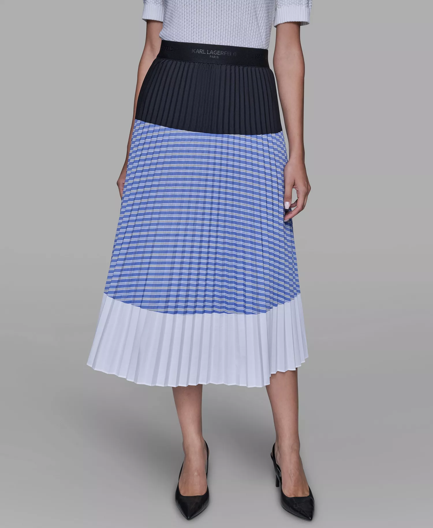 Women's Colorblock Pleated Stripe Pull-On Skirt - French Blue Combo - L