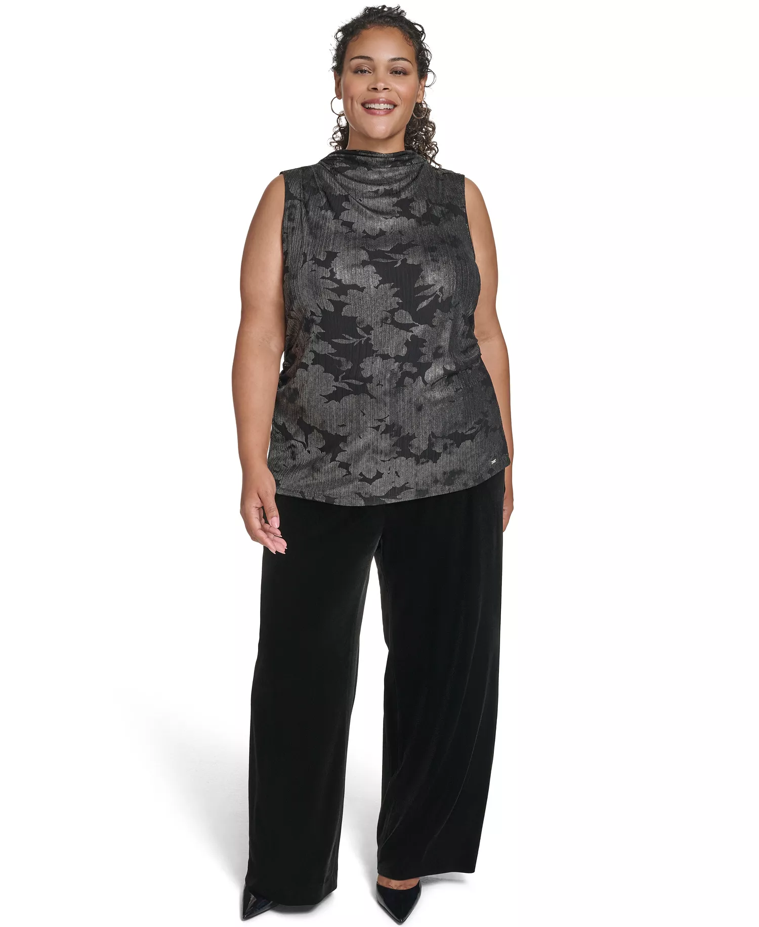 Plus Size Novelty Printed Ruched Top - Black/Silver - 1X