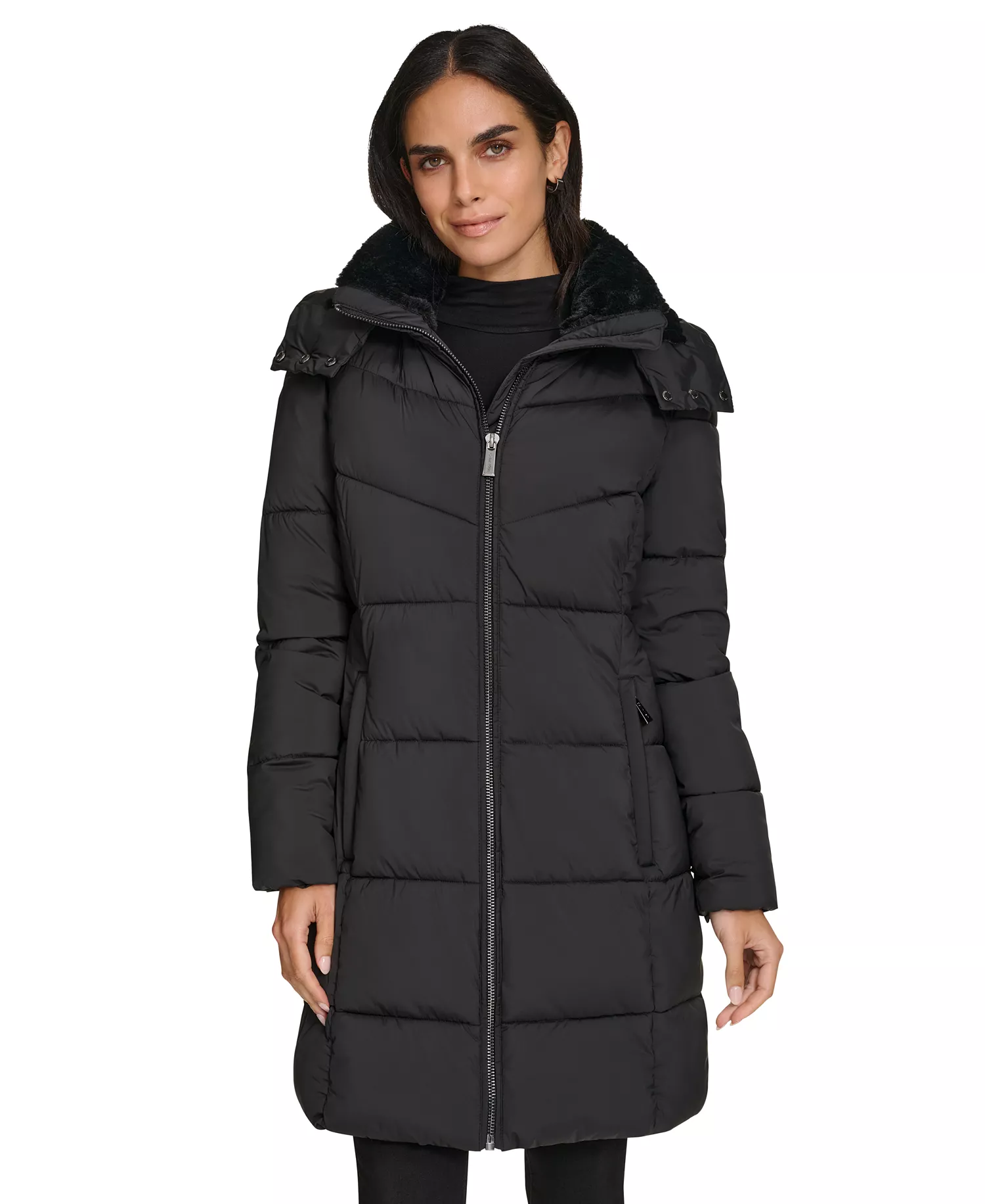 Women's Hooded Faux-Fur-Lined Midi Puffer Coat - Black - L