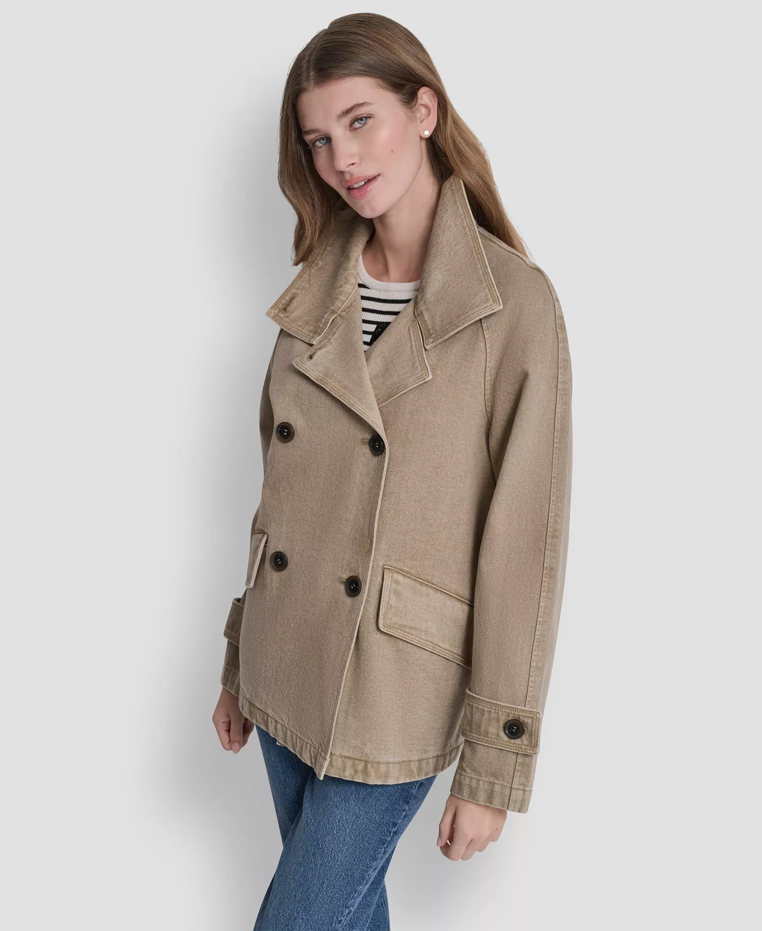 Women's Denim Double Breasted A-Line Coat - Khaki - L