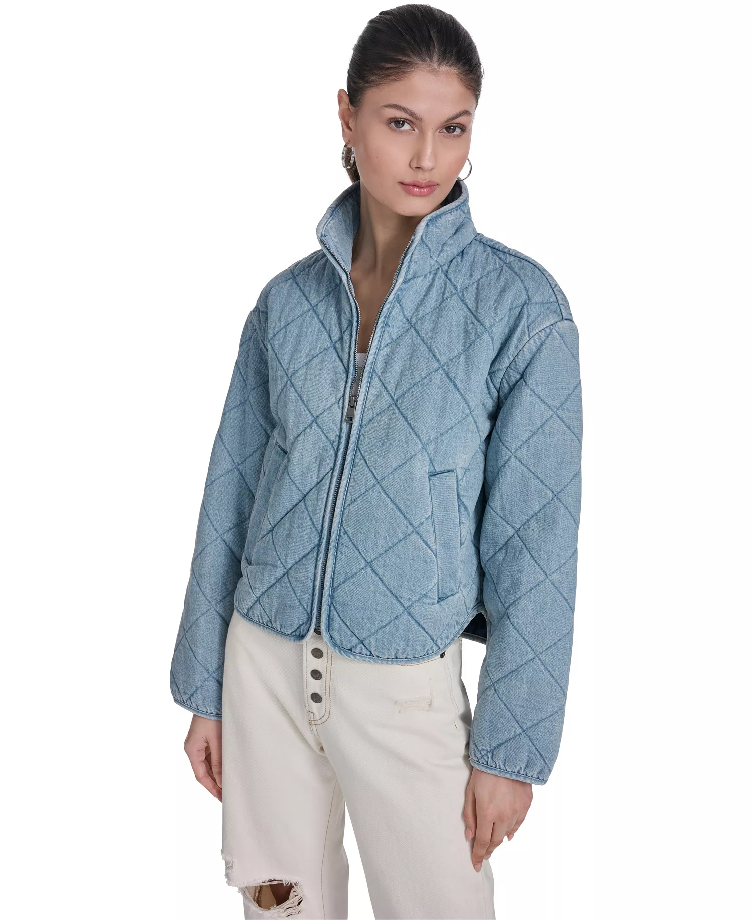 Women's Diamond-Quilted Cotton Jacket - Light Wash Denim - L