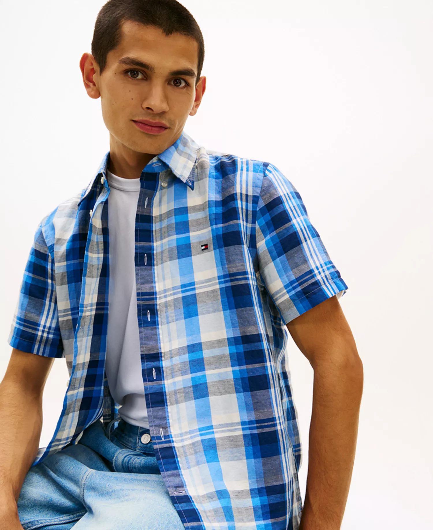 Men's Check Plaid Linen-Blend Short-Sleeve Shirt - Preppy Navy / Check - L