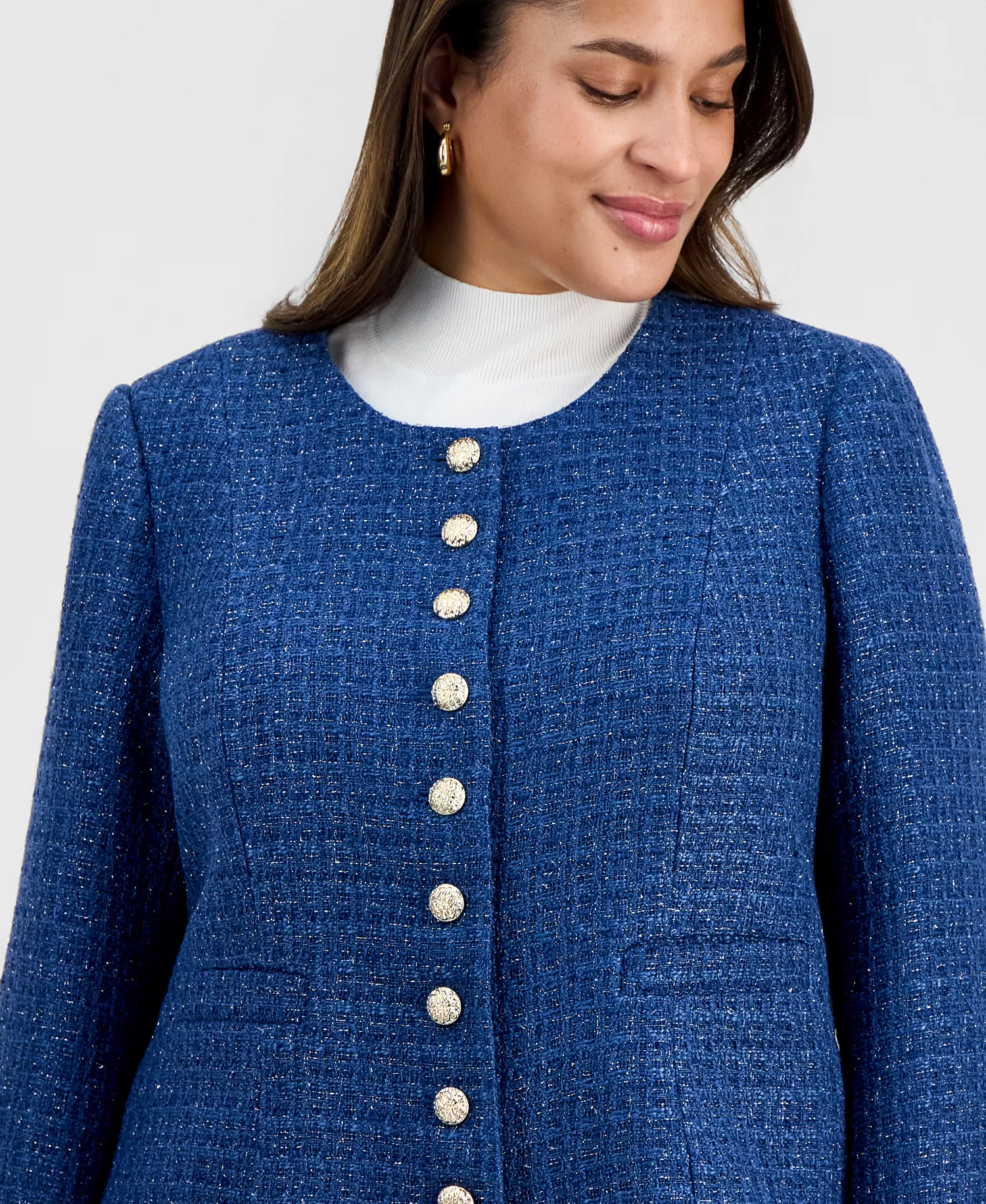 Plus Size Boucle-Knit Collarless Jacket  - Riverside Blue - 14W