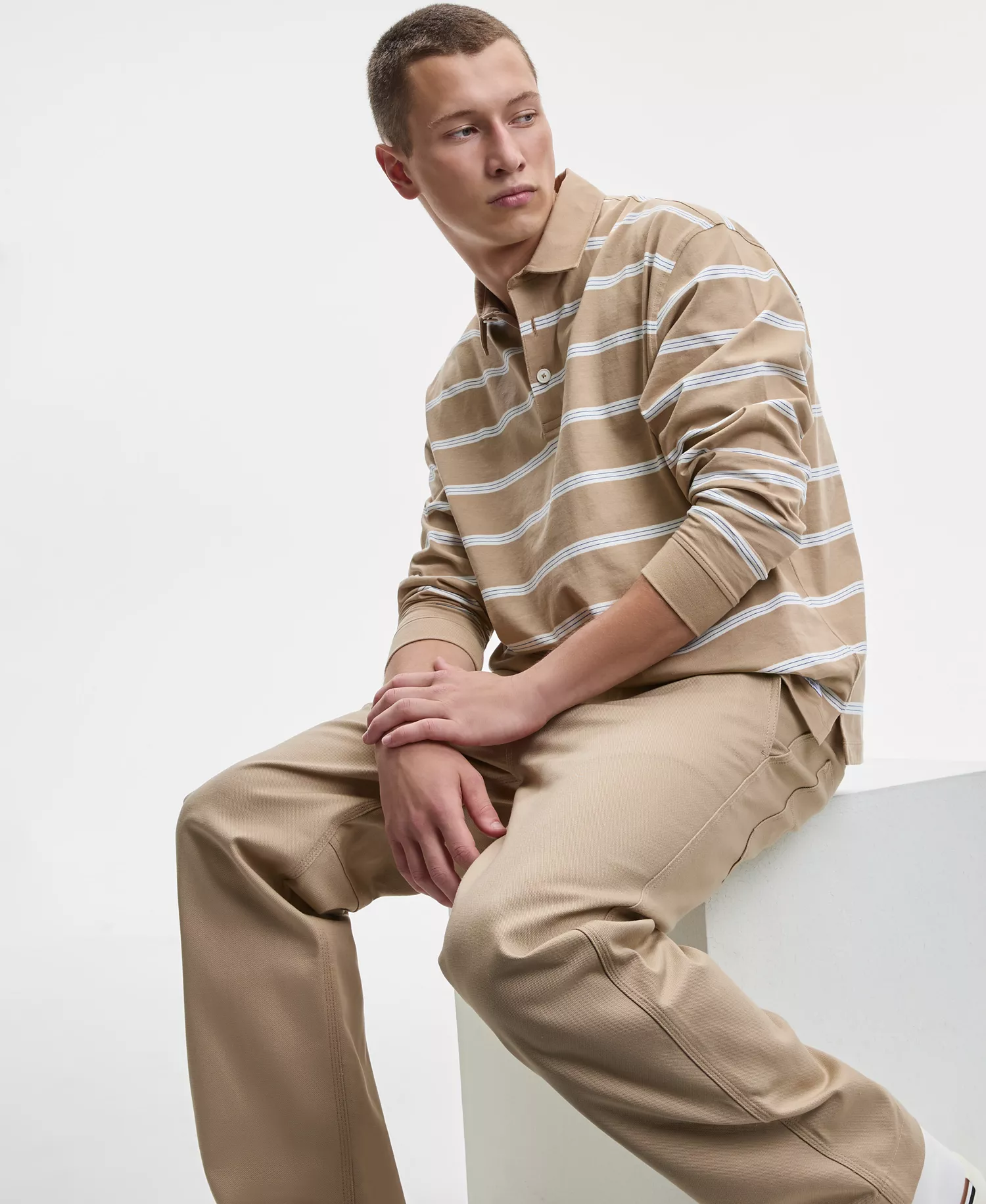 Men's Nolongi Relaxed-Fit Long-Sleeve Striped Polo Shirt - Tan - 2XL