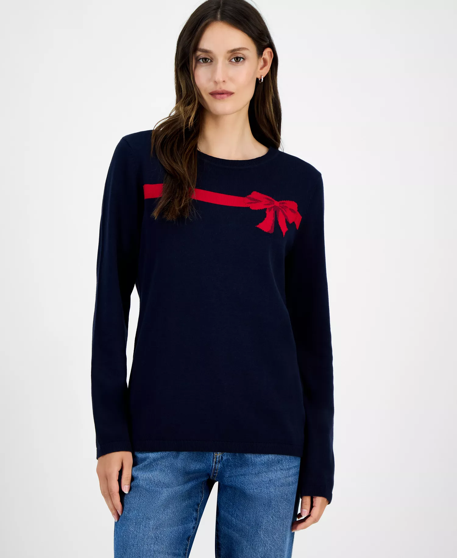 Nautica Women's Cotton Jacquard-Bow Sweater  - Night Sky Multi - L