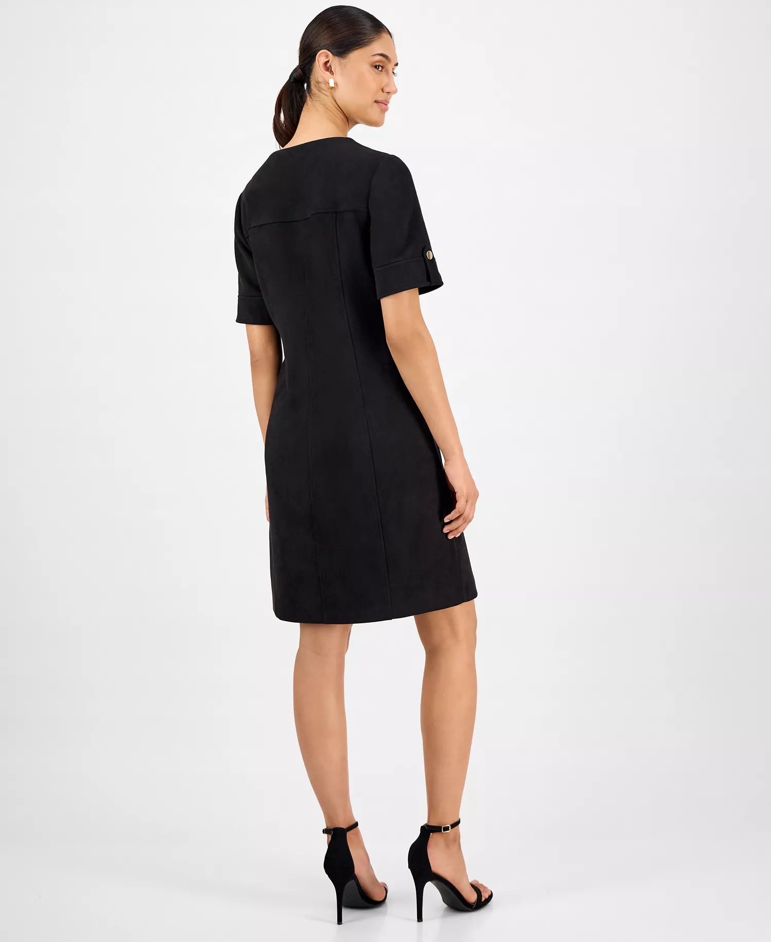 Women's Faux-Suede Short-Sleeve Shirtdress - Black - 10