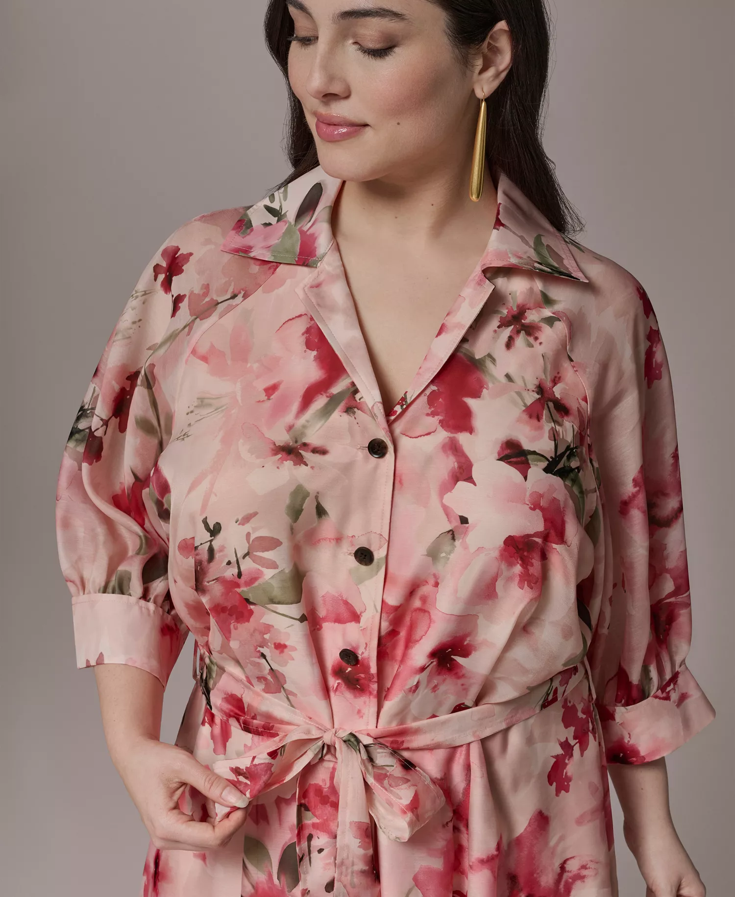 Plus Size Short-Sleeve Organza Shirt Dress - Geranium Multi - 14W