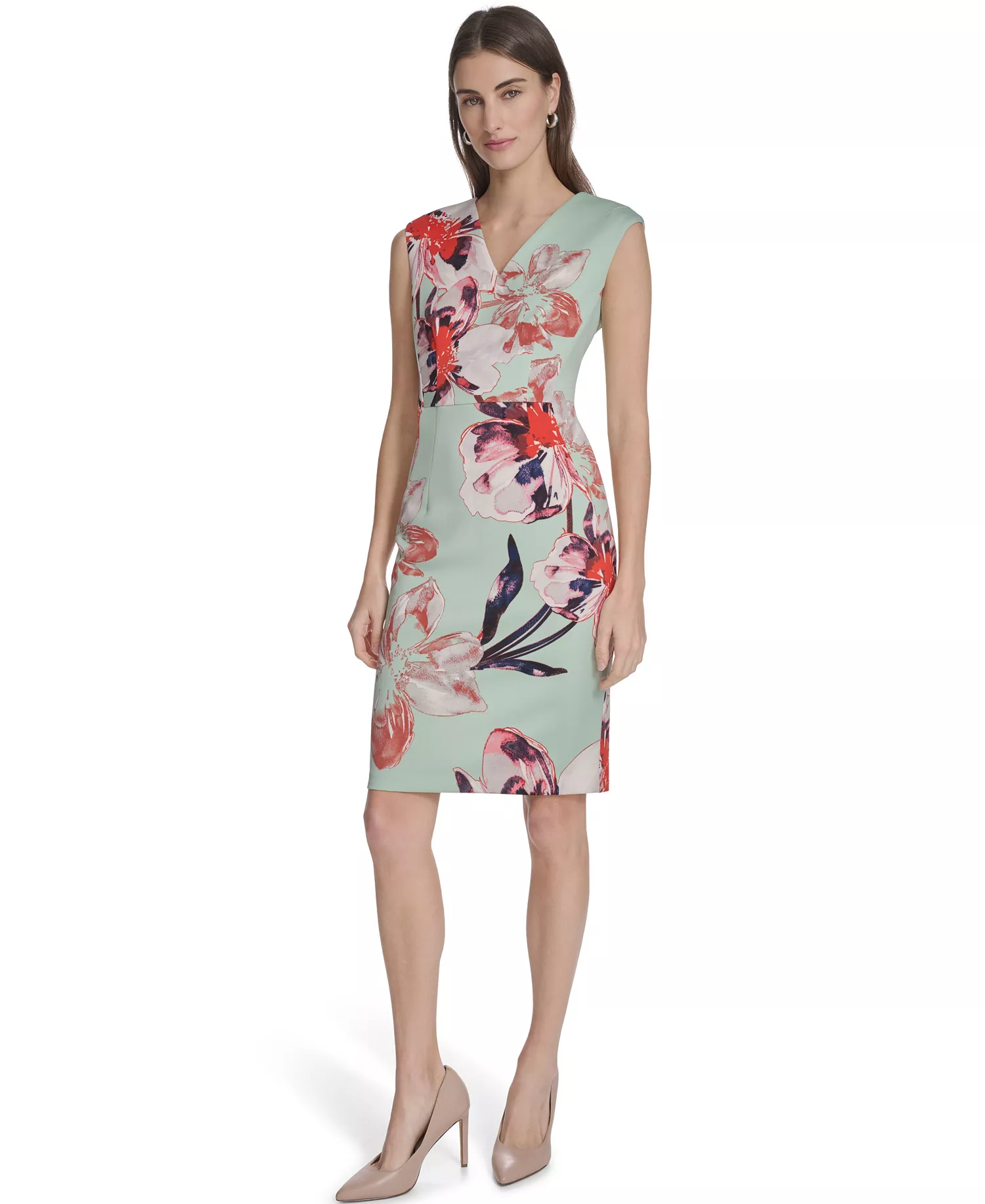 Women's Sleeveless Printed Scuba Sheath Dress - Sage Multi - 10