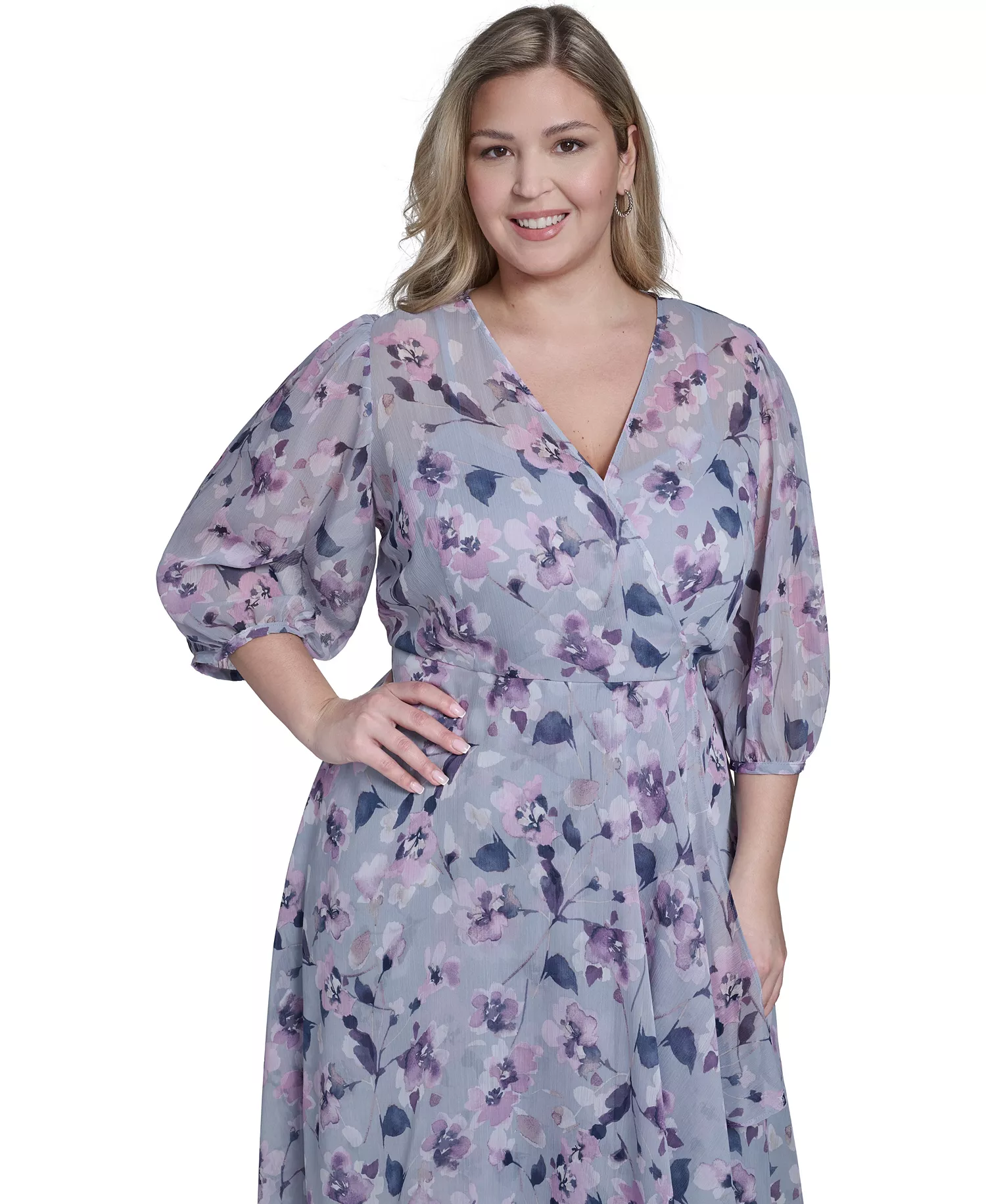 Plus Size Balloon-Sleeve Wrap Dress - Slate Multi - 14W