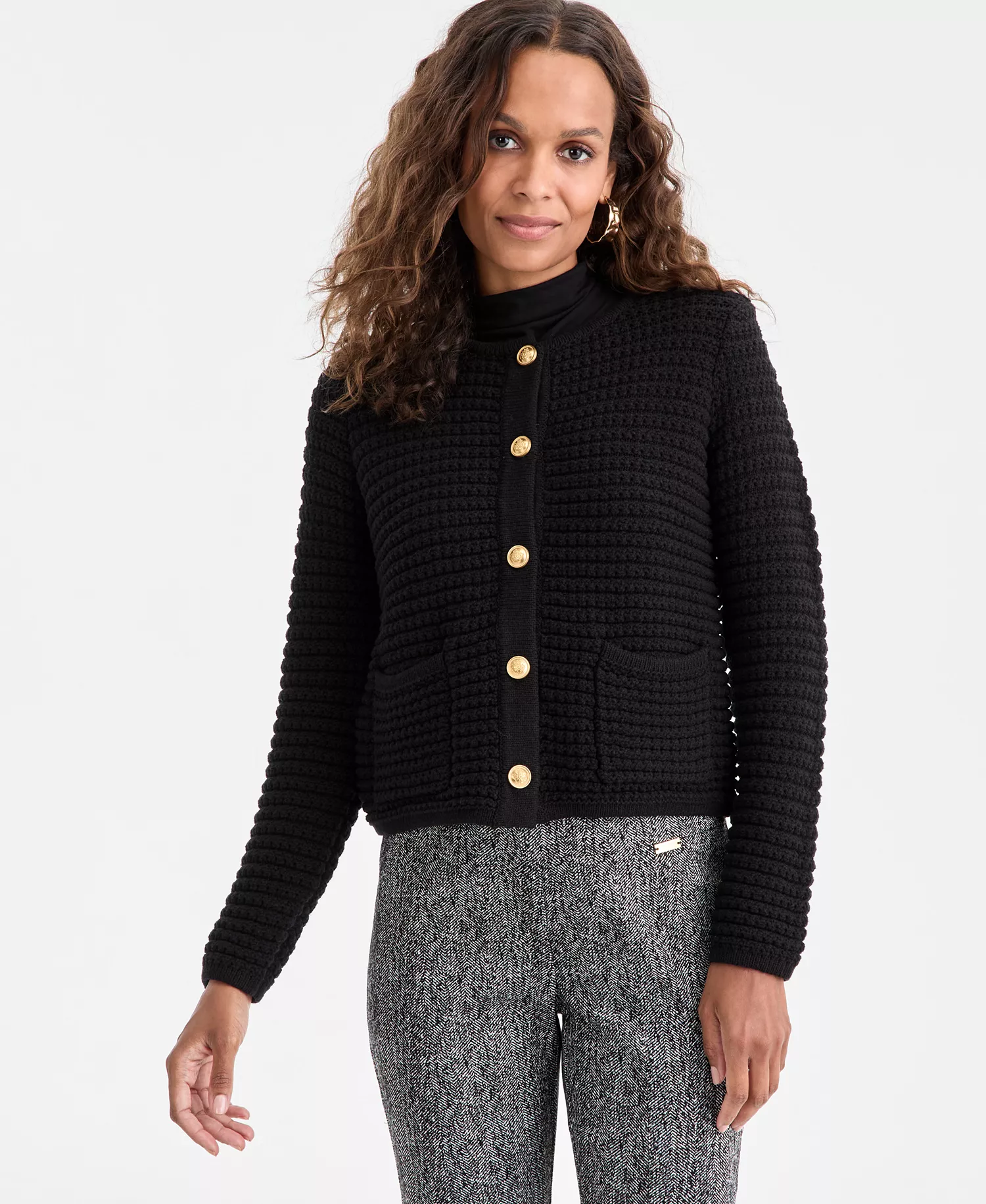 Petite Yarn-Blend Button-Down Cardigan Sweater, Created for Macy's - Deep Black - P/L