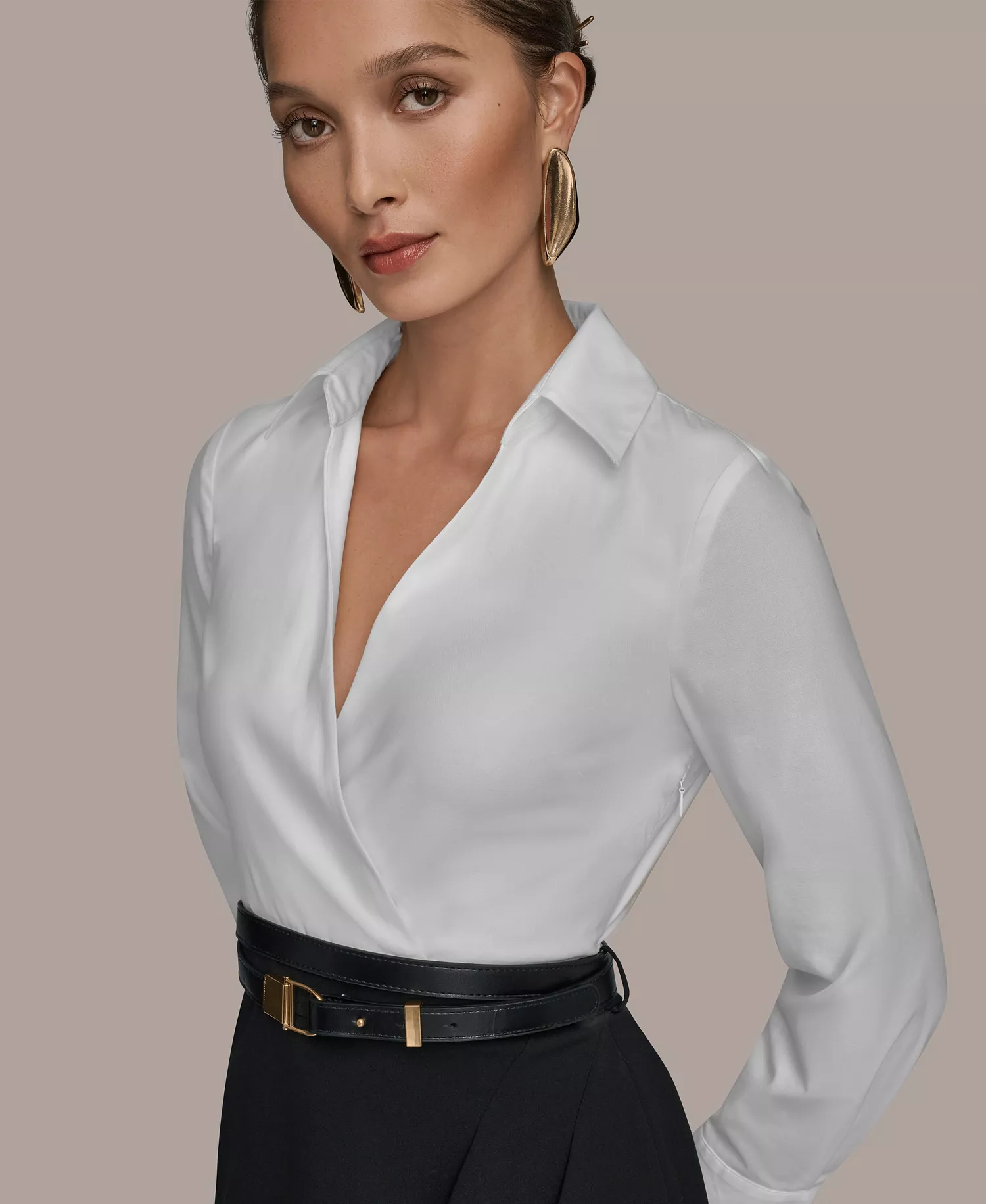 Women's V-Neck Belted Contrast Wrap Sheath Midi Dress - Cream/Black - 10