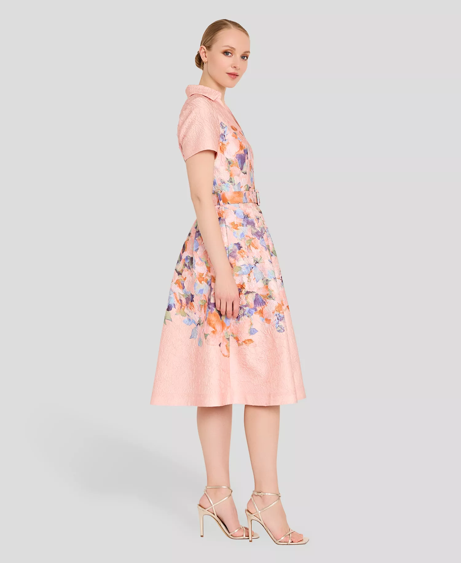 Women's Short-Sleeve Floral Belted Midi Dress - Apricot - 10