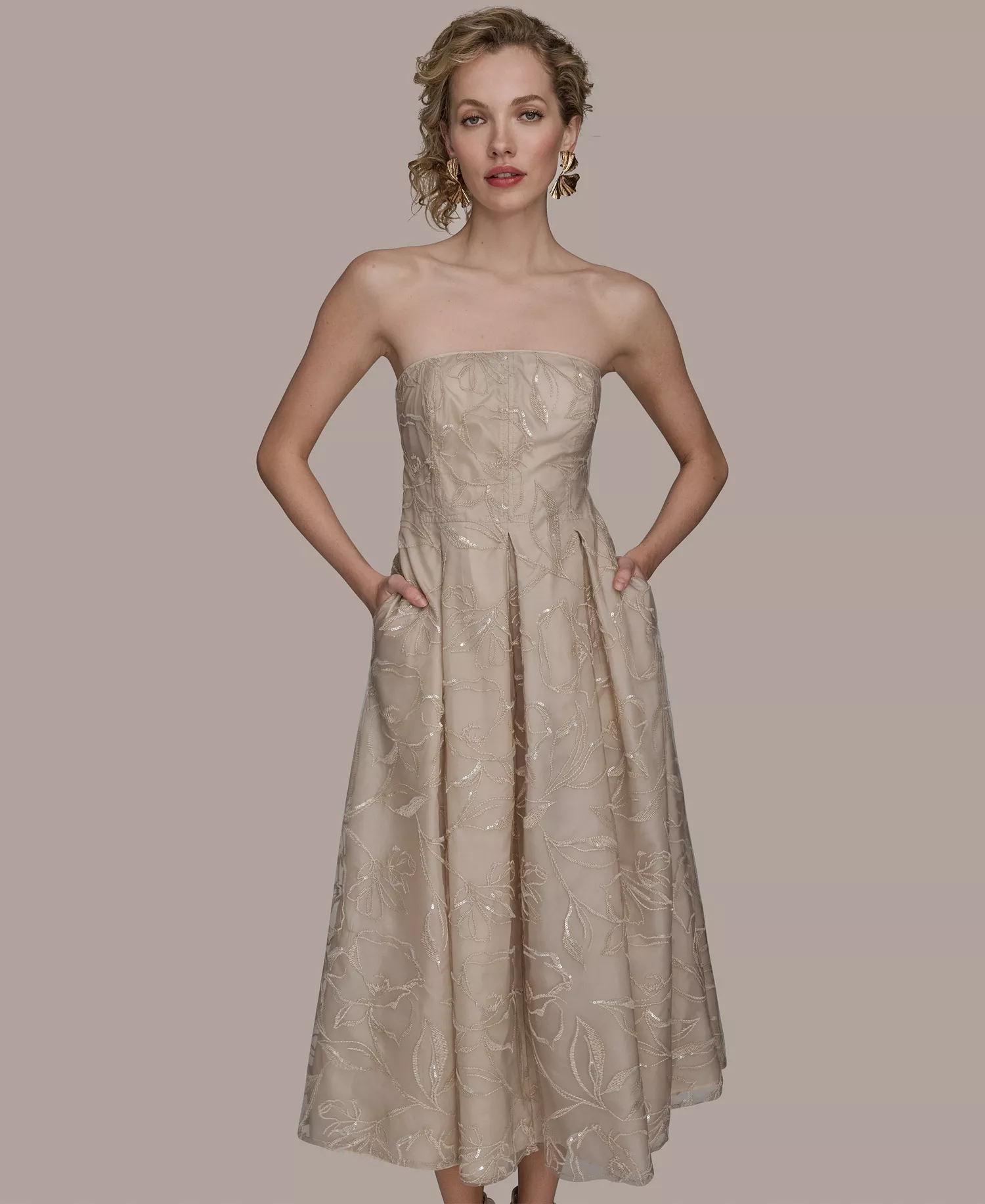 Women's Strapless Fit & Flare Midi Dress - Beige - 10