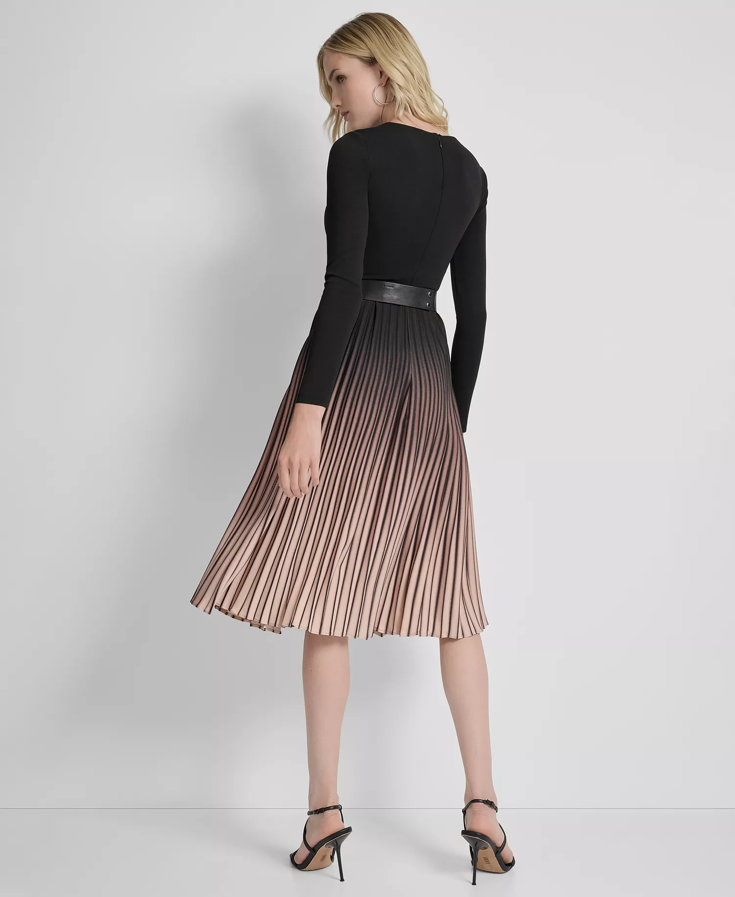 Women's Ombré Sunburst Pleat-Skirt Long-Sleeve Midi Dress - Black/Beige - 10
