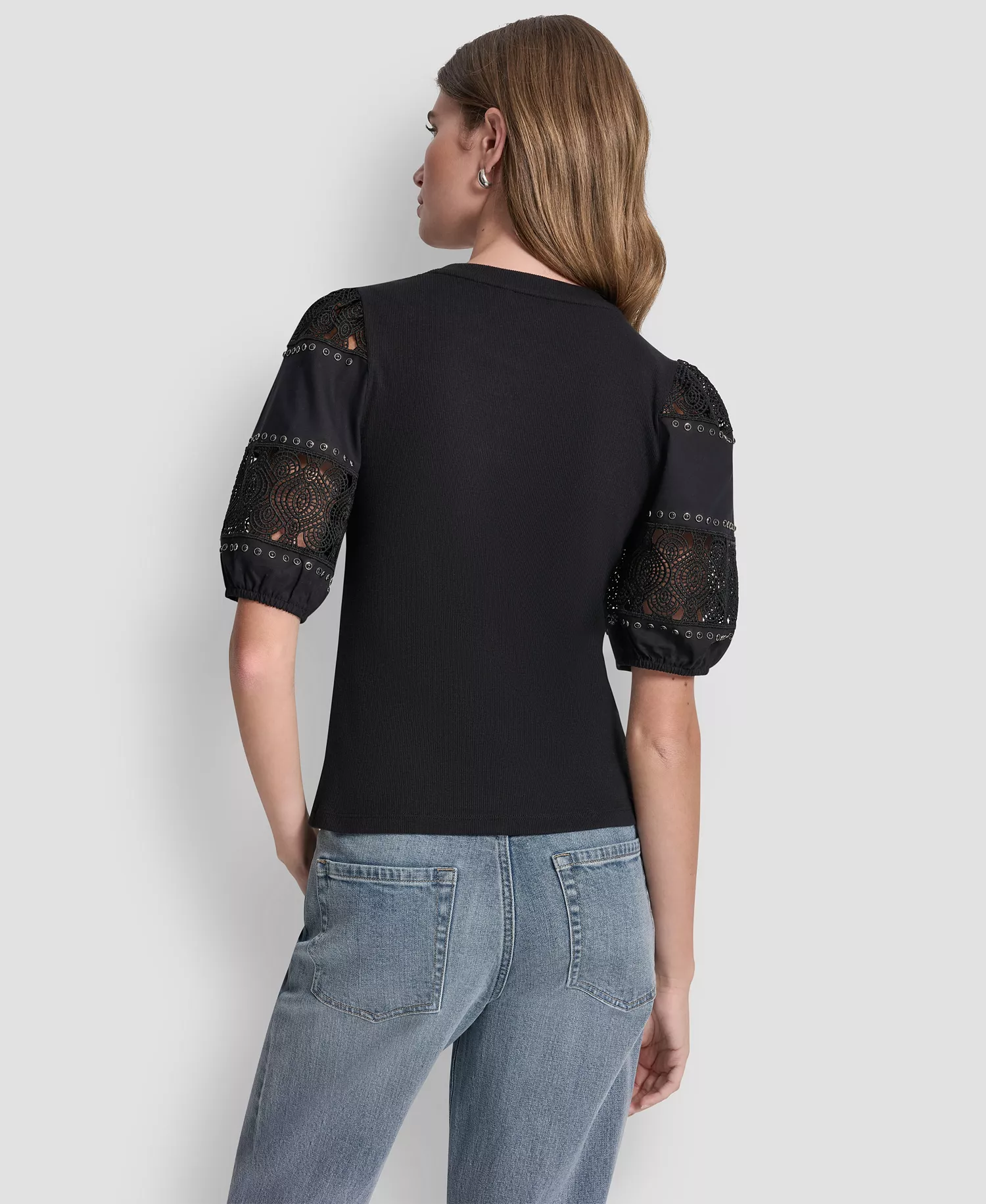 Women's Crew Neck Lace Eyelet Pull-On Top - Black - L