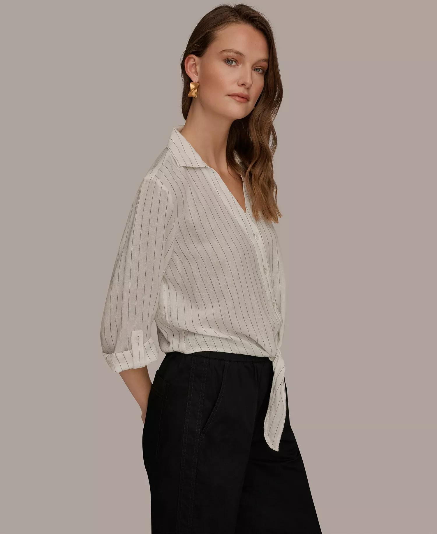 Women's Linen Button-Front Tie Blouse - Cream/Black - L