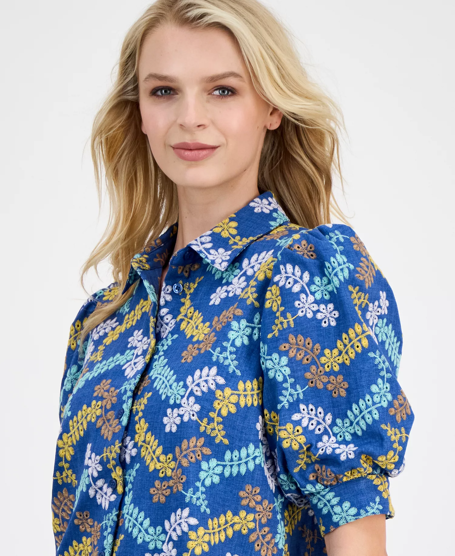Women's Embroidered Puff-Sleeve Button-Front Blouse - Denim Multi - L