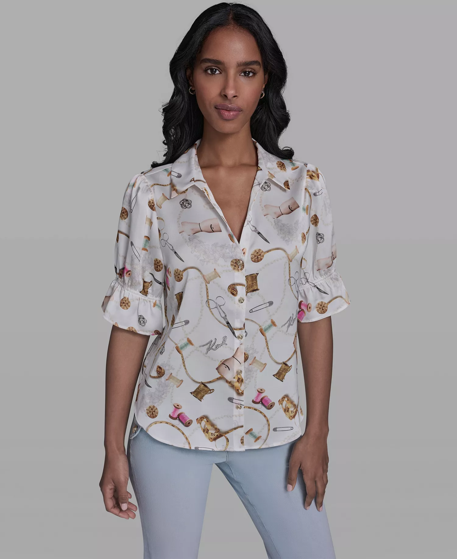 Women's All-Over Sewing Detail Printed Button Front Blouse - Soft White Multi - L