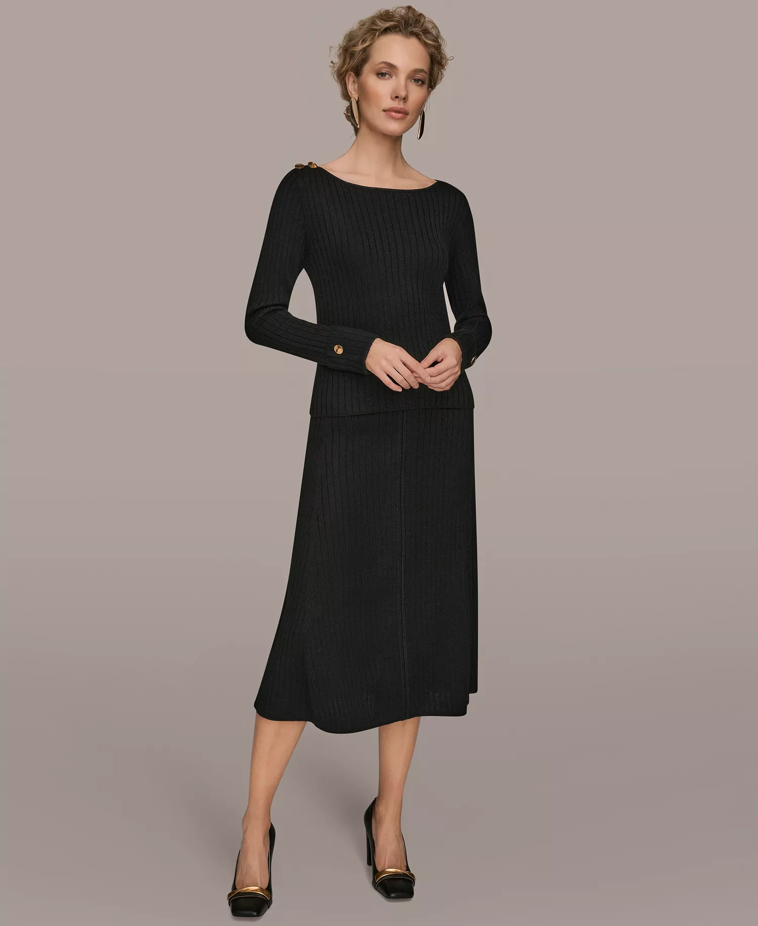 Women's Long-Sleeve Button Detail Sweater - Black - L