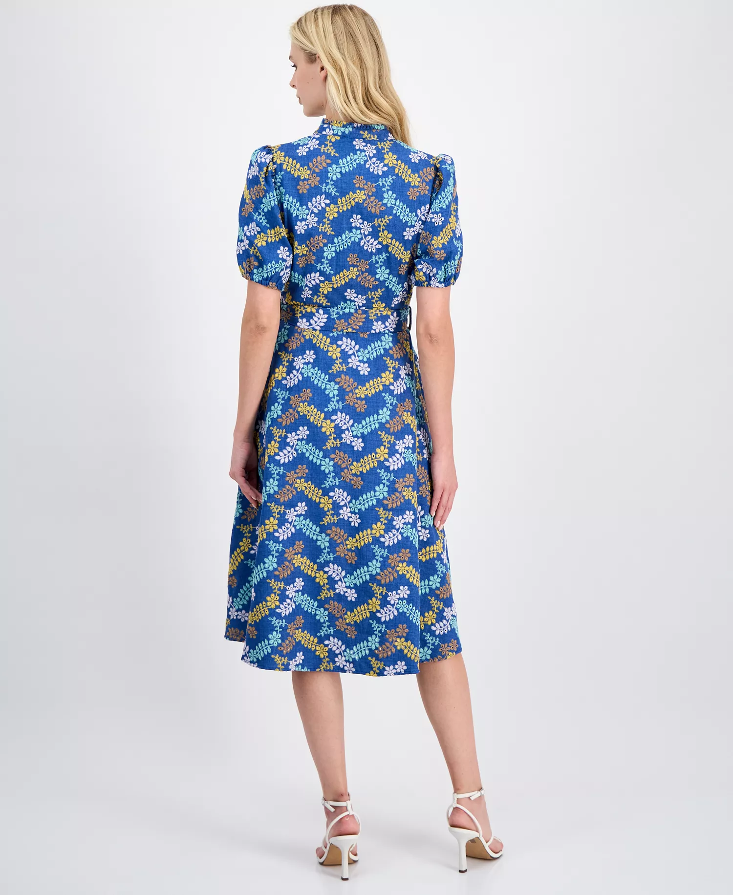 Women's Embroidered Tie-Waist Midi Dress - Denim Multi - 10