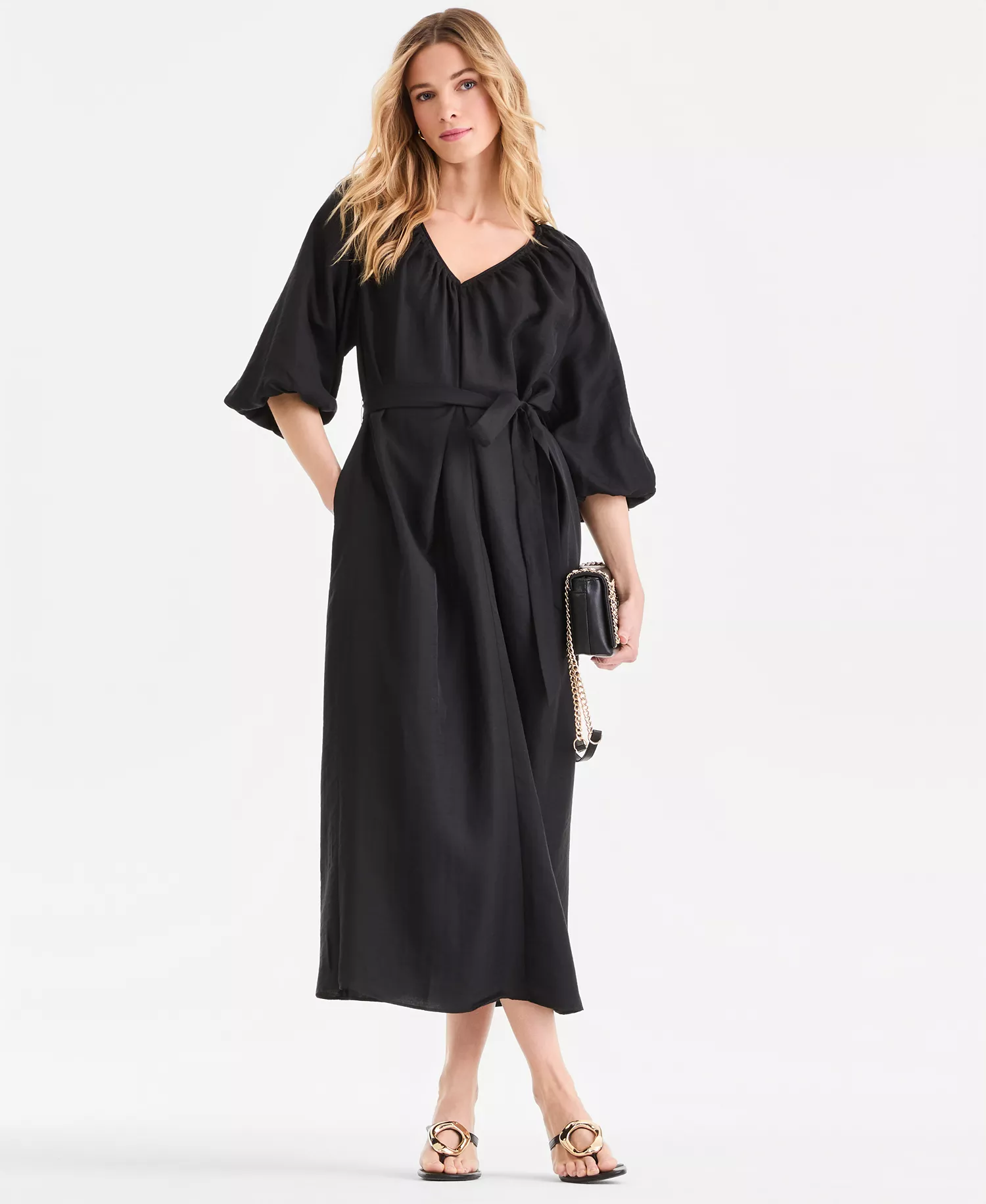 Women's 3/4 Sleeve Tie-Waist Midi Dress, Macy's Exclusive - Deep Black - L