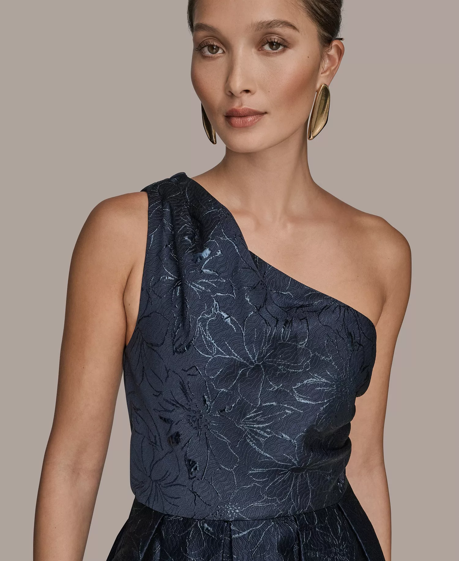 Women's One-Shoulder Metallic Jacquard A-Line Gown - Nightfall - 10