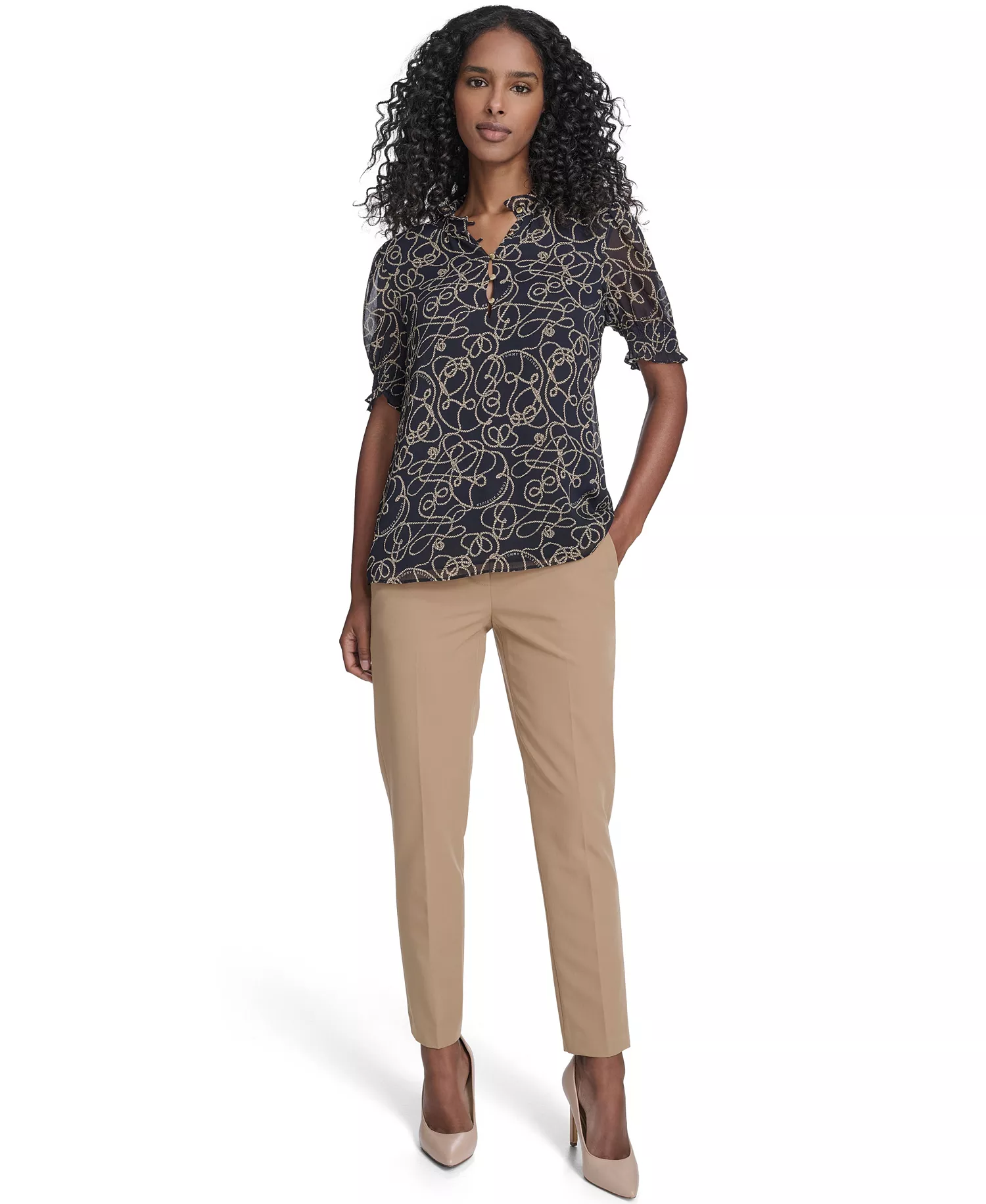 Women's Rope Print Ruffle Mock Neck Blouse - Midnight/ Irish Cream - L