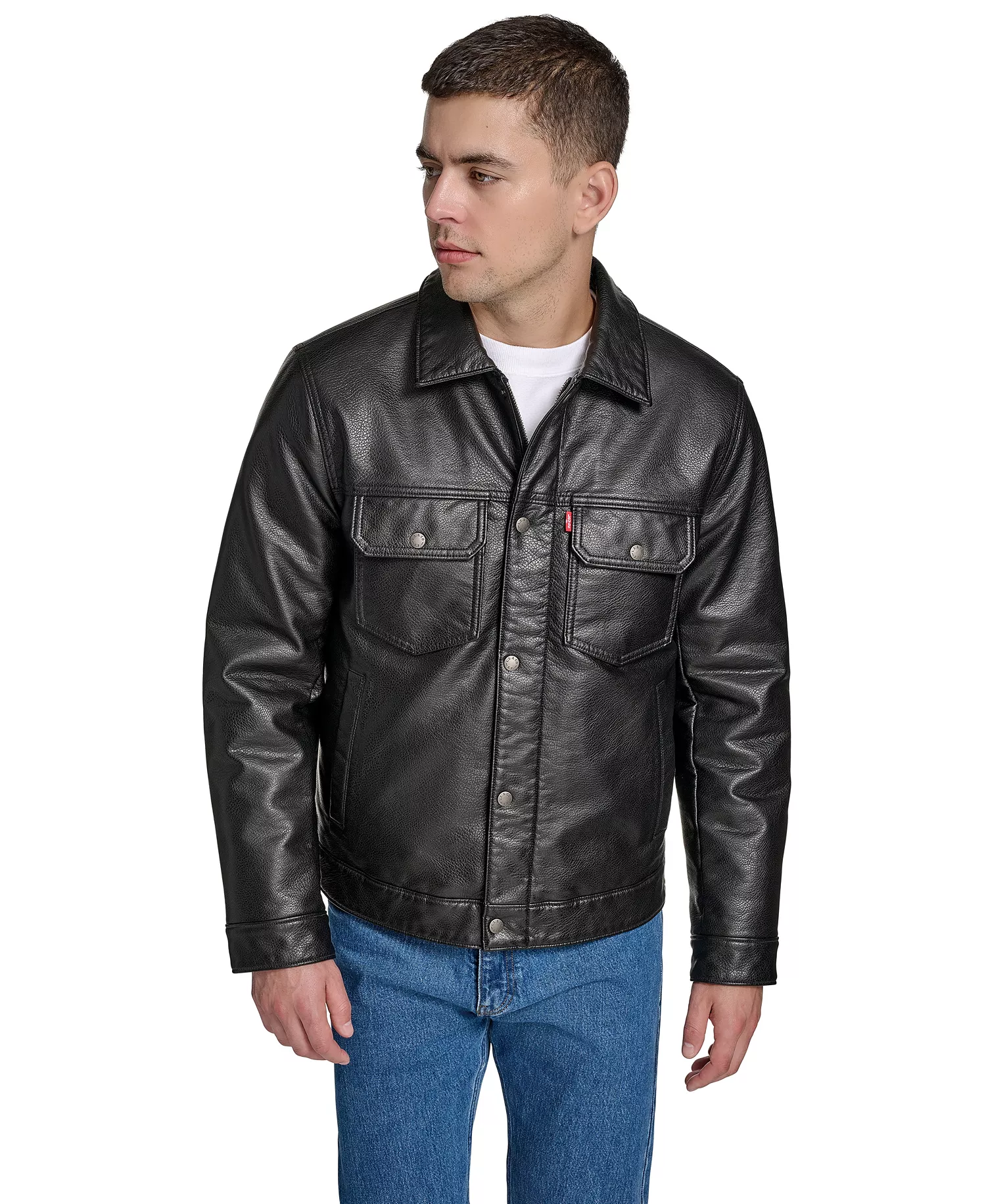Men's Faux Leather Trucker Jacket - Black - 2XL