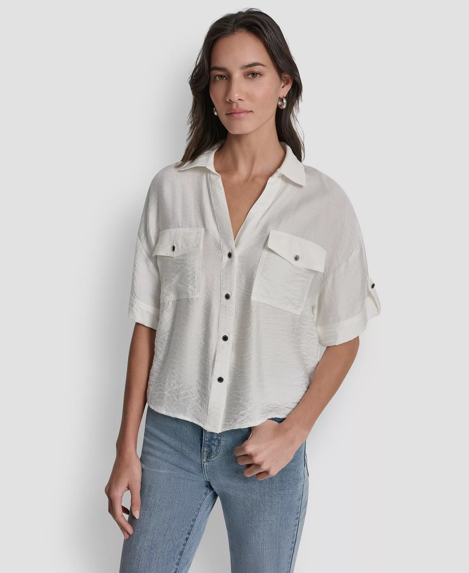 Women's Collared Neck Short Roll Tab Sleeve Shirt - Ivory - L