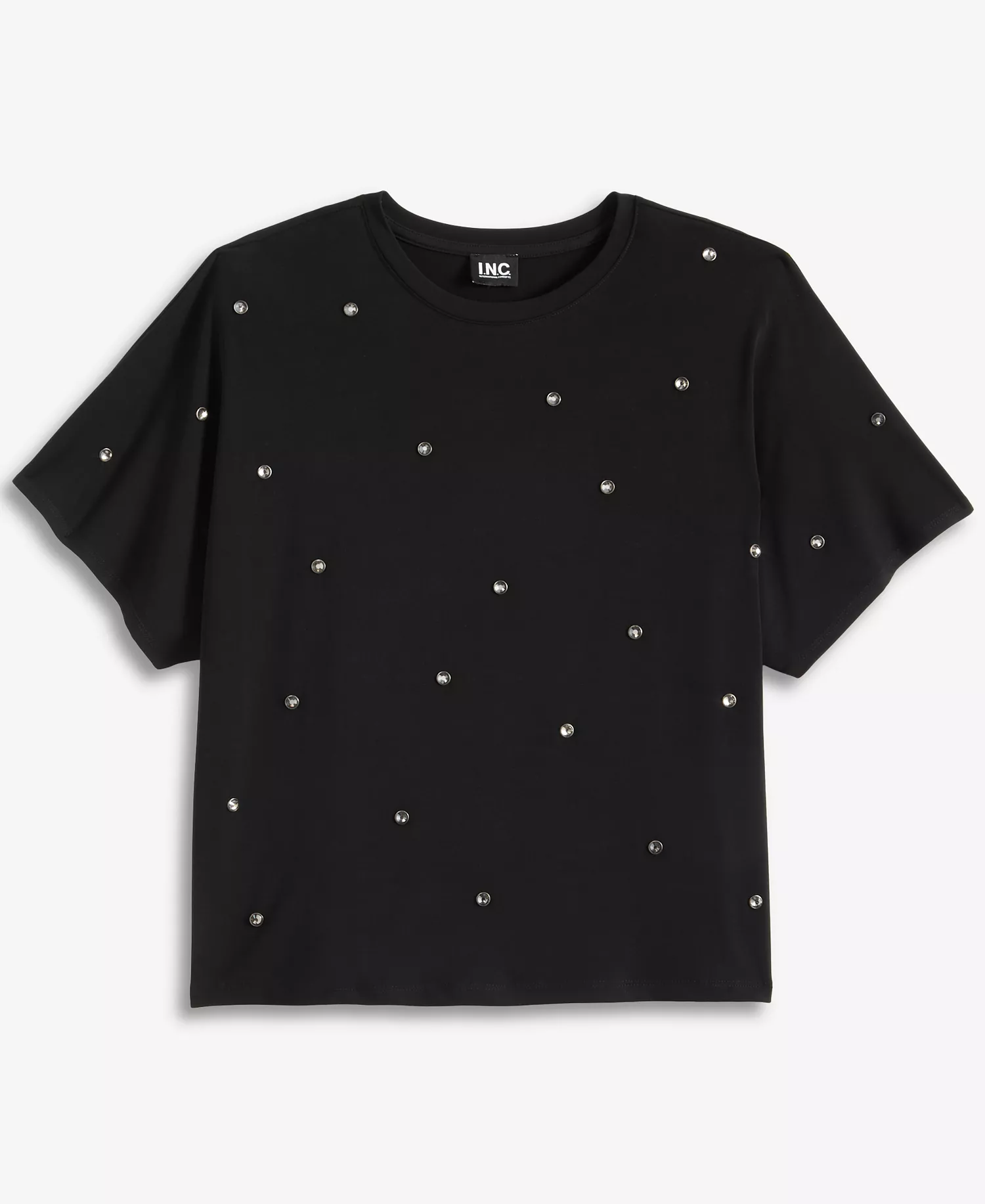 Women's Short Sleeve Crystal Embellished T-Shirt, Macy's Exclusive - Deep Black - L